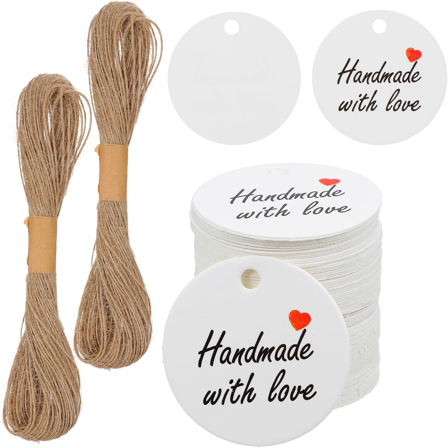 200Pcs Handmade with Love Tags, Handmade Tags with String 1.2” Round White Made with Love Gift Labels for Home Made Crafts Candle Tins Wedding & Birthday Party