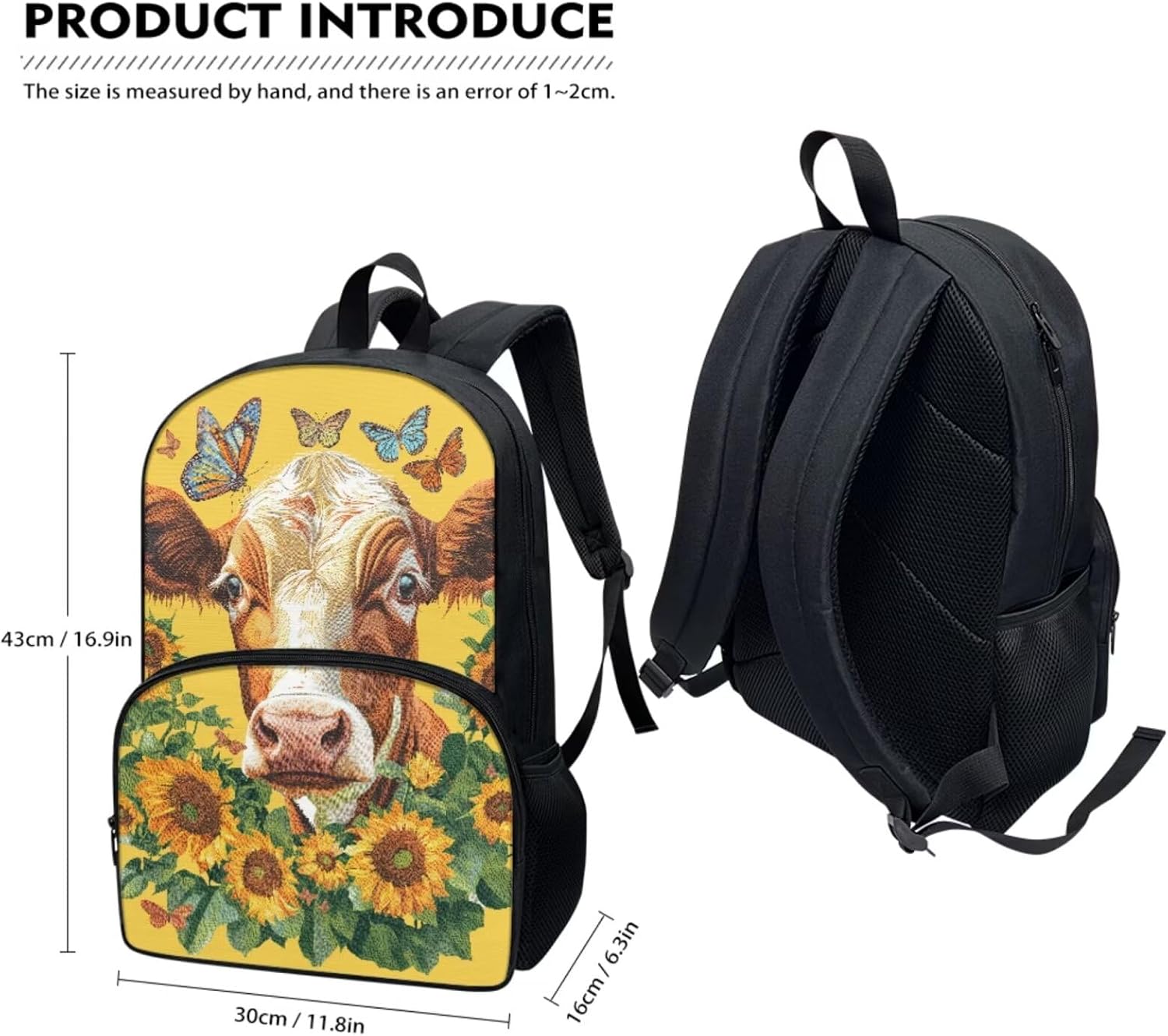 Xoenoiee Cow Butterfly and Sunflower Pattern 3Pcs Bookbag+Lunch Box+Pencil Bag for Students 17in Large School Bag Backpack Set for Boys Girls Back To School