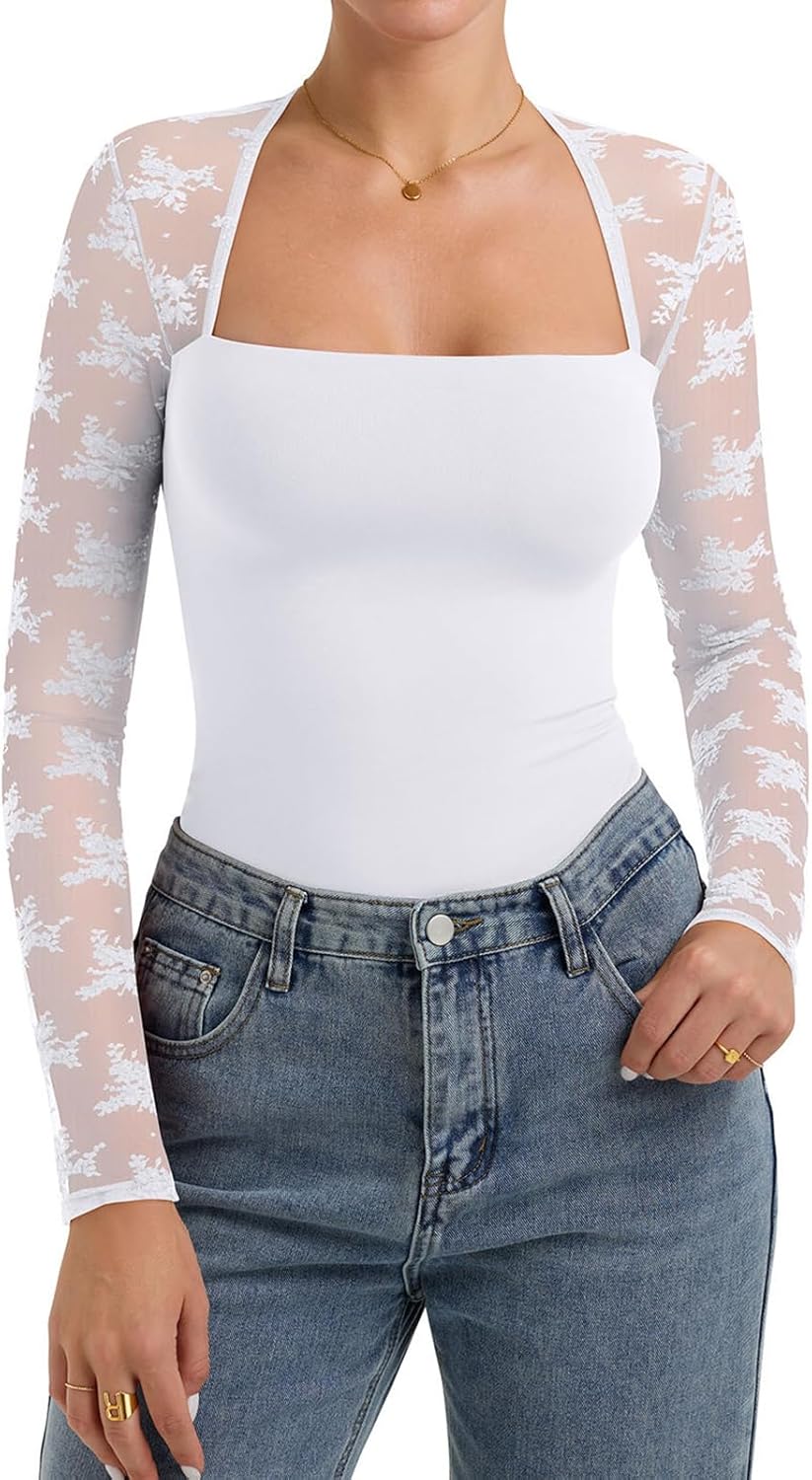 PINKMSTYLE Women Sexy Square Neck Lace Long Sleeve Tops Slim Fit Double Lined Trendy Y2K Going Out Fall Shirts