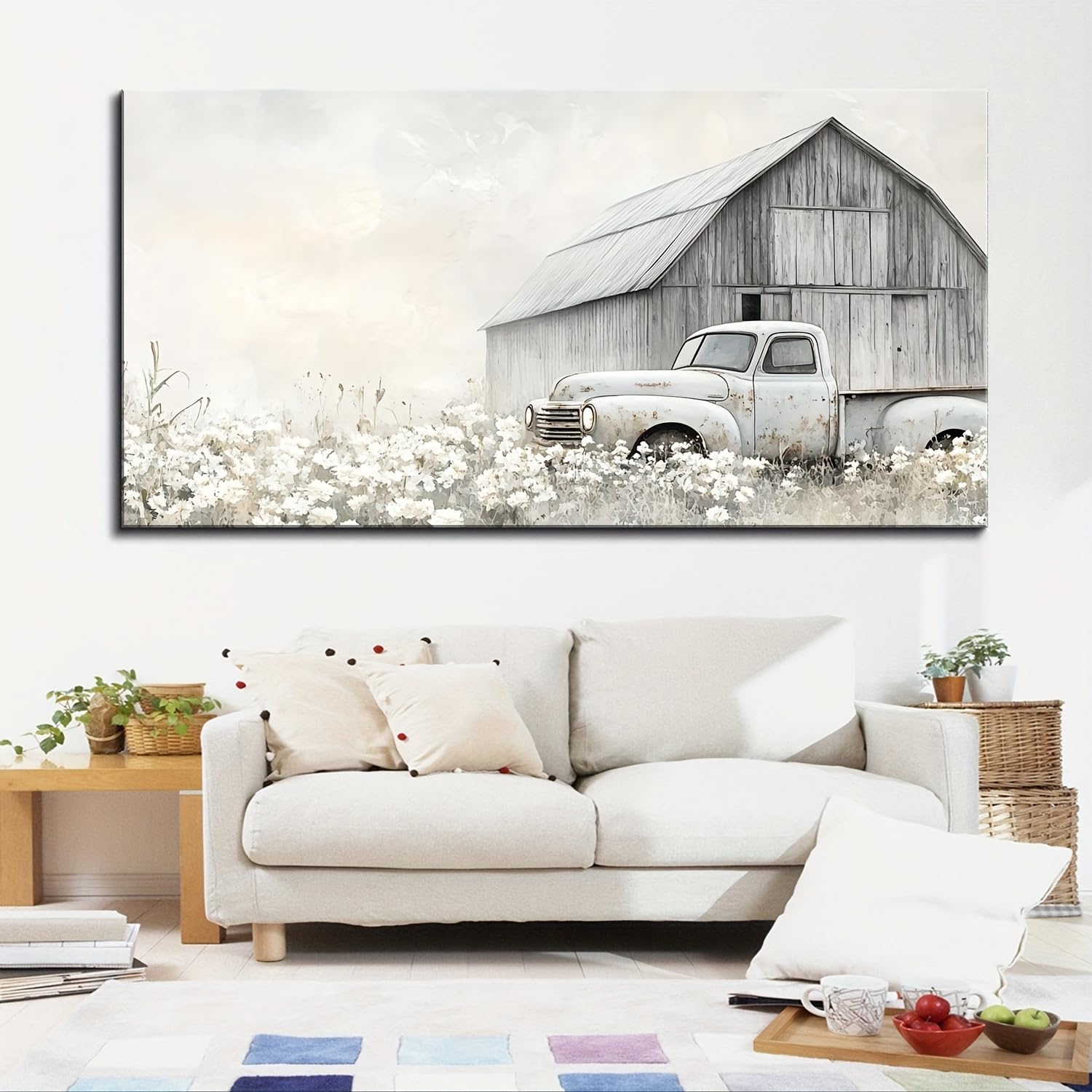 AEFOUU Canvas Wall Art Print Vintage Truck and White Flower Barn Rustic Farmhouse Wall Decor Pictures for Country Living Room(30x60cm/12x24in/Internal Frame)