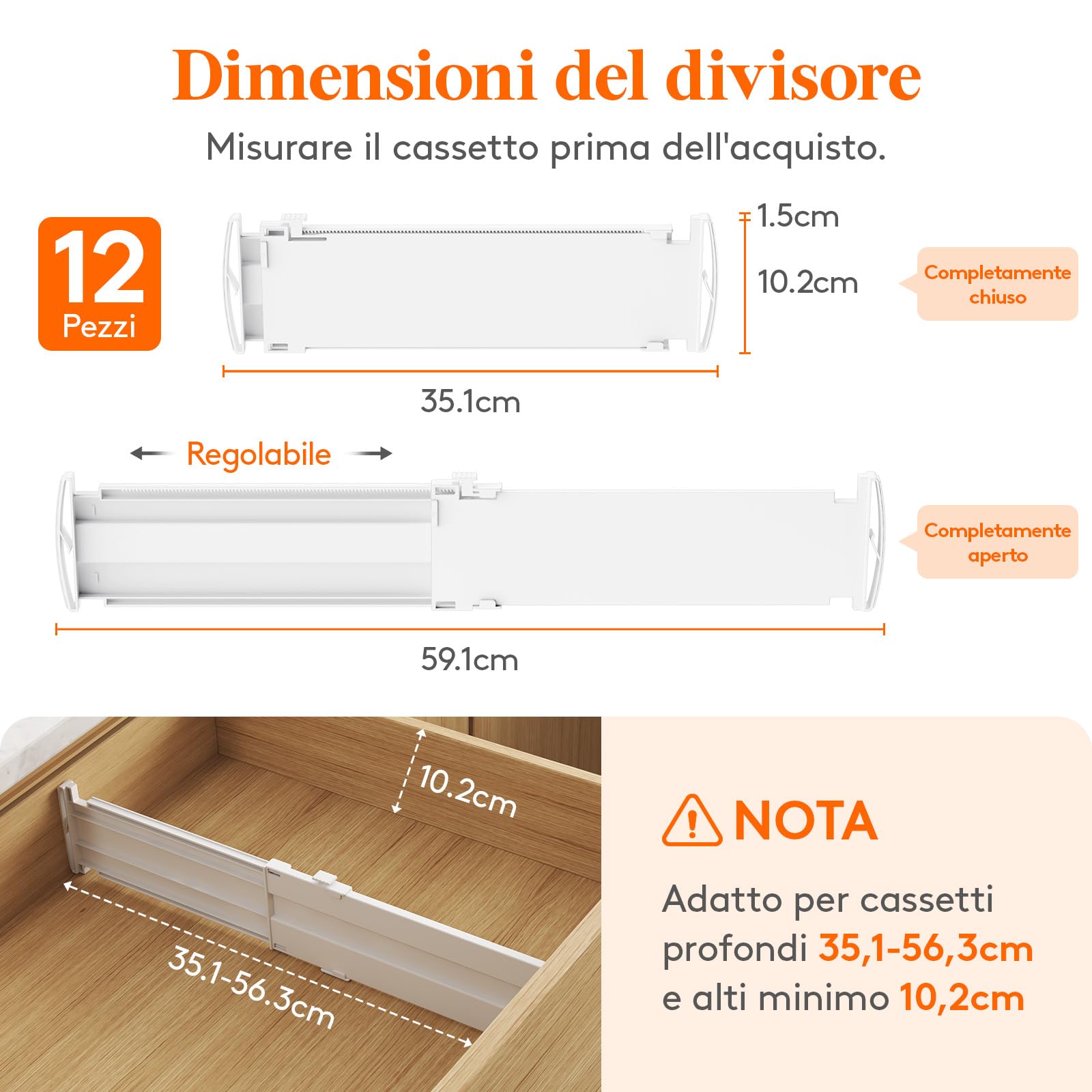 Lifewit Separatori per Cassetti Salvaspazio, Divisori per Armadio Interno Regolabili, Organizer per Cassetti, Accessori per Bagno/Cucina/Ufficio, 12 Pezzi, Lunghezza 35 – 55 cm, Altezza 10,5 cm