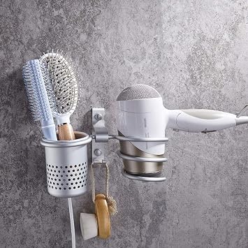 Aluminum Wall Mount Hair Dryer Holder, Hair Blow Dryer Holder, Hair Dryer Rack Stand, Bathroom Washroom Accessories Storage Organizer Hanging Rack with 2 Hooks + 1 Storage Cup C