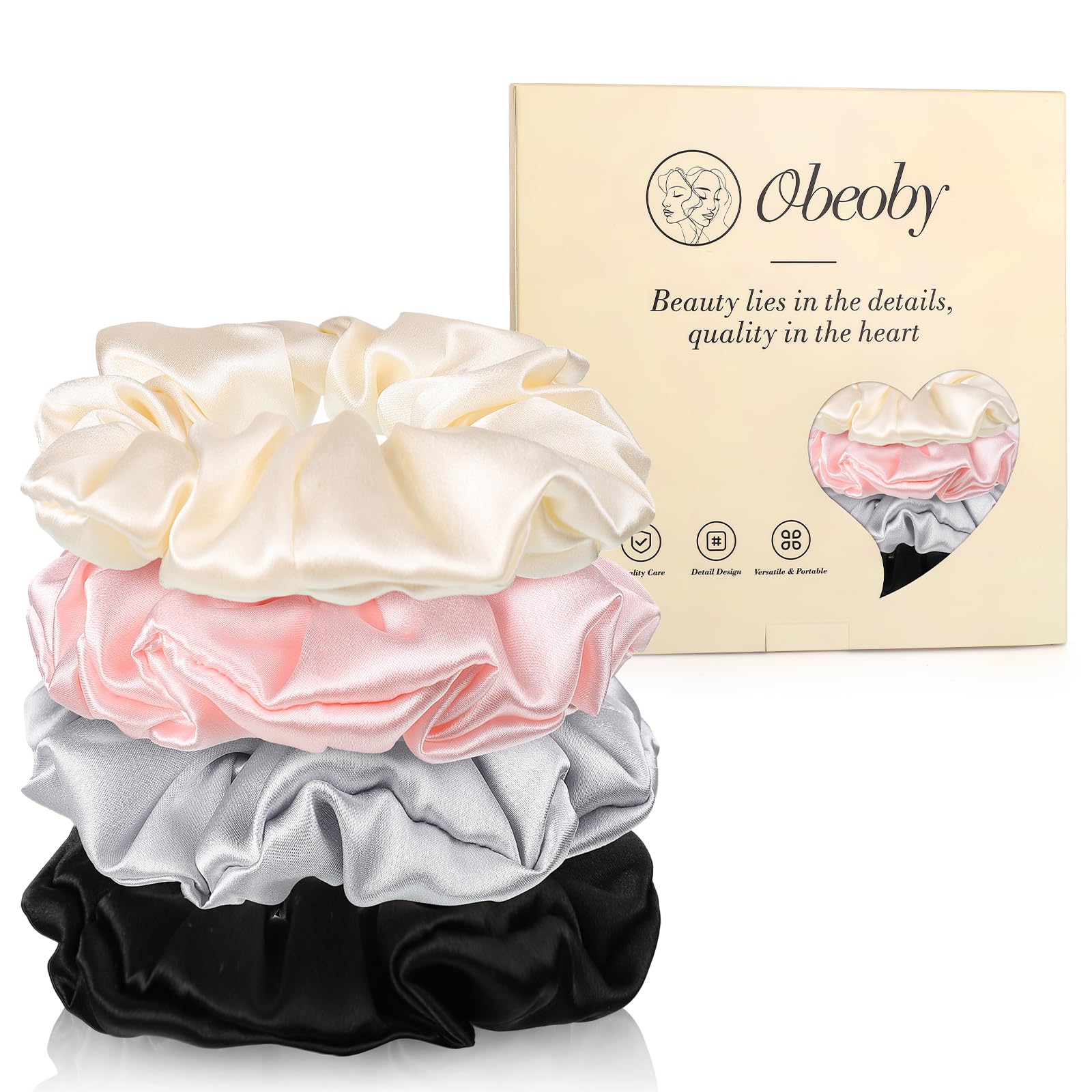 Coleteros de seda de morera, paquete de 4 lazos de seda para el cabello | Regalos rosados, 19 momme, suave con el cabello, reduce la rotura y las arrugas, para el día o el sueño, todo tipo de cabello