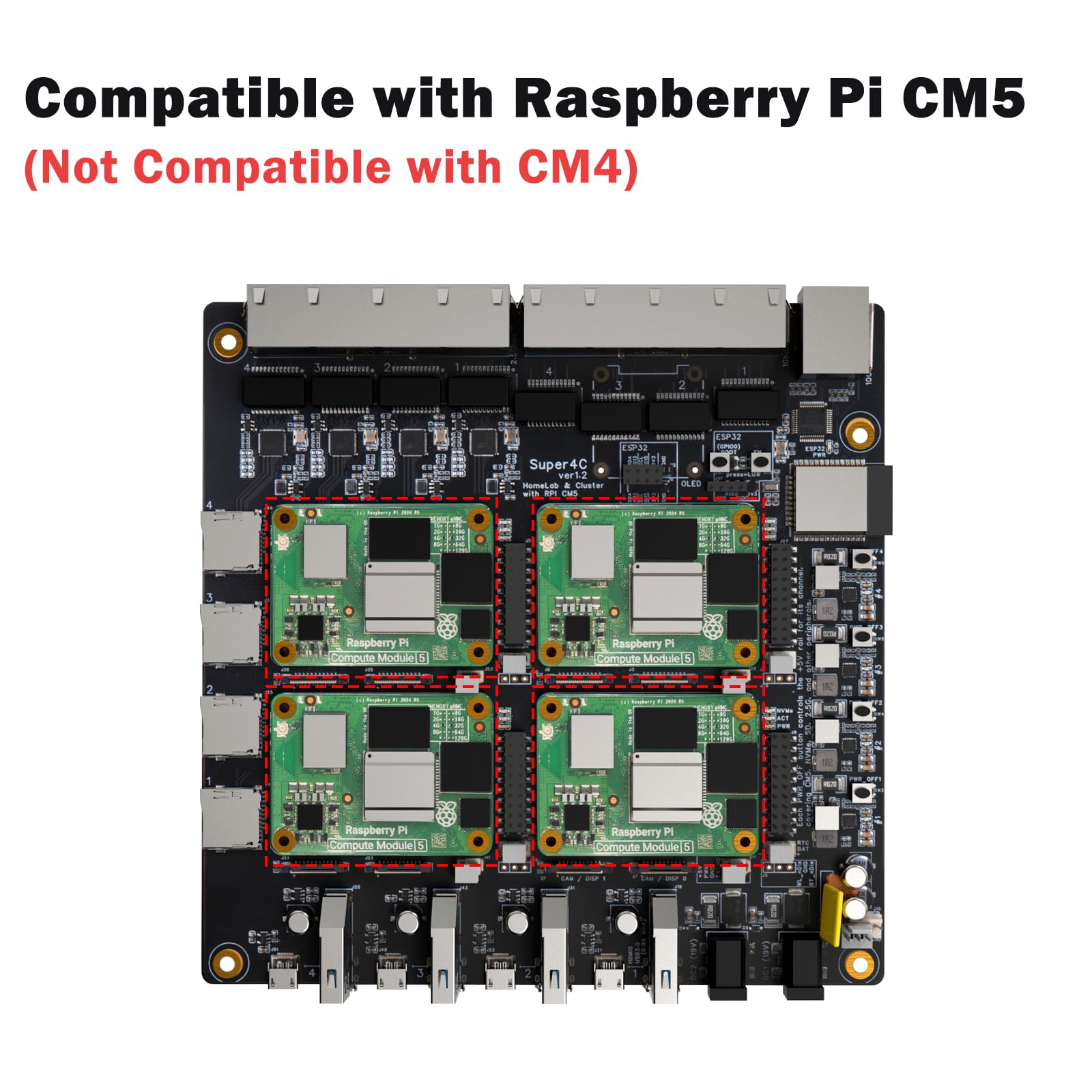 DeskPi Super4C para Raspberry Pi Compute Module 5, Cluster Mini-ITX Board Soporta 4 CM5, 2.5GbE + red 1GbE, M.2 NVMe, montaje en rack de 1U, incluye fuente de alimentación de 89 W