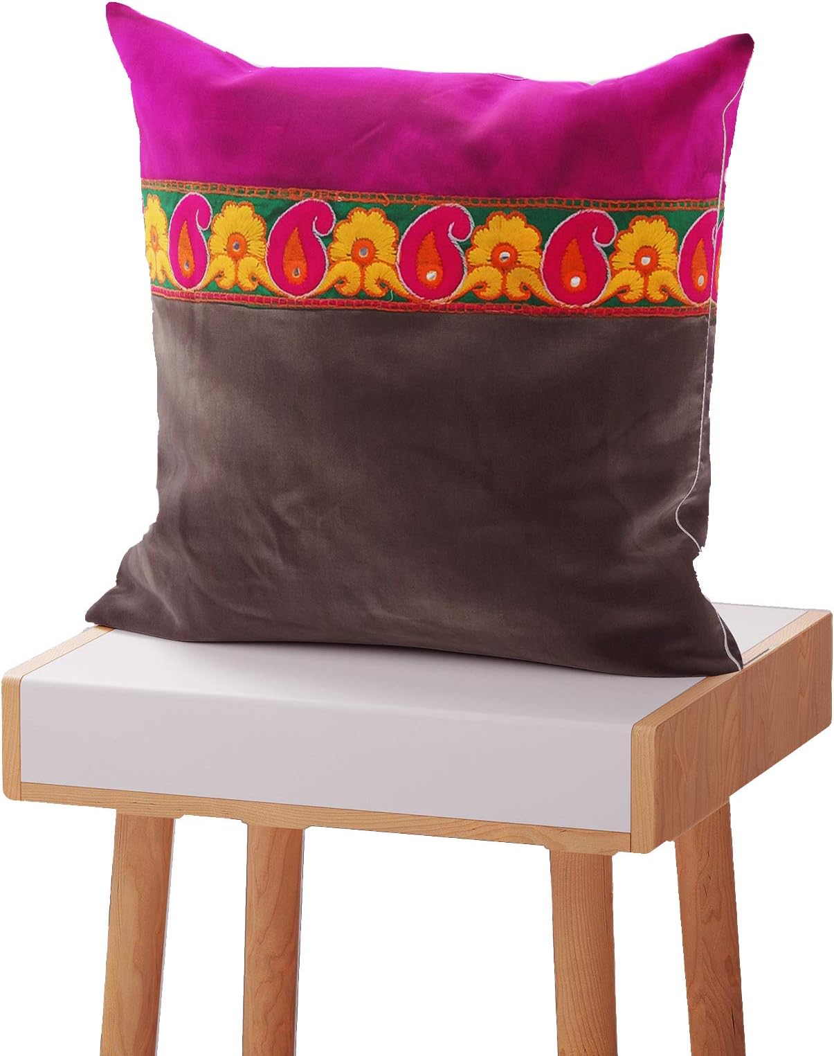 Pret Home Decorative Han Made Throw/Pillow Cushion Covers Polysilk Cushion Cover - 4 Pcs Set (16x16 Inch, Brown Magenta)