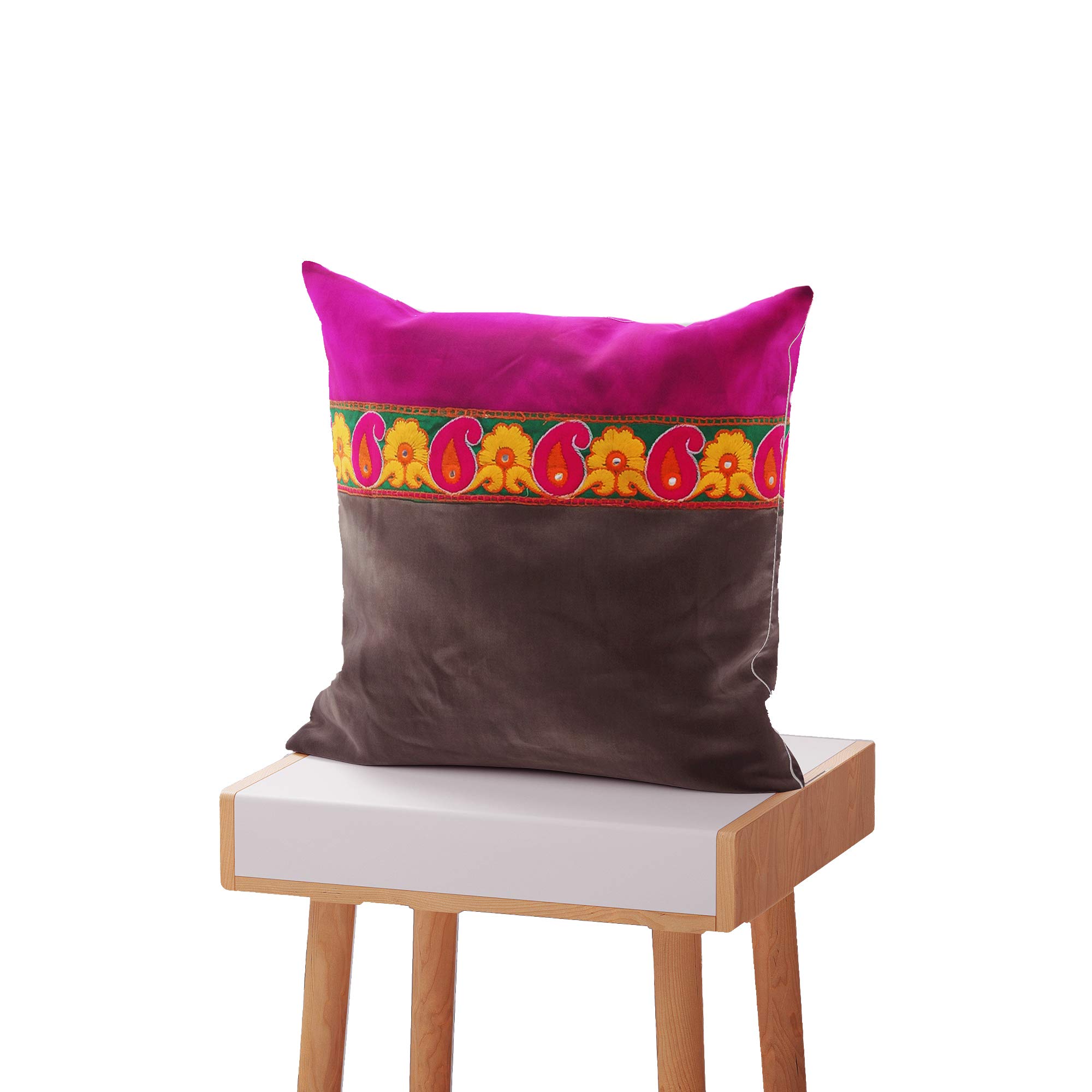 Pret Home Decorative Han Made Throw/Pillow Cushion Covers Polysilk Cushion Cover - 4 Pcs Set (16x16 Inch, Brown Magenta)