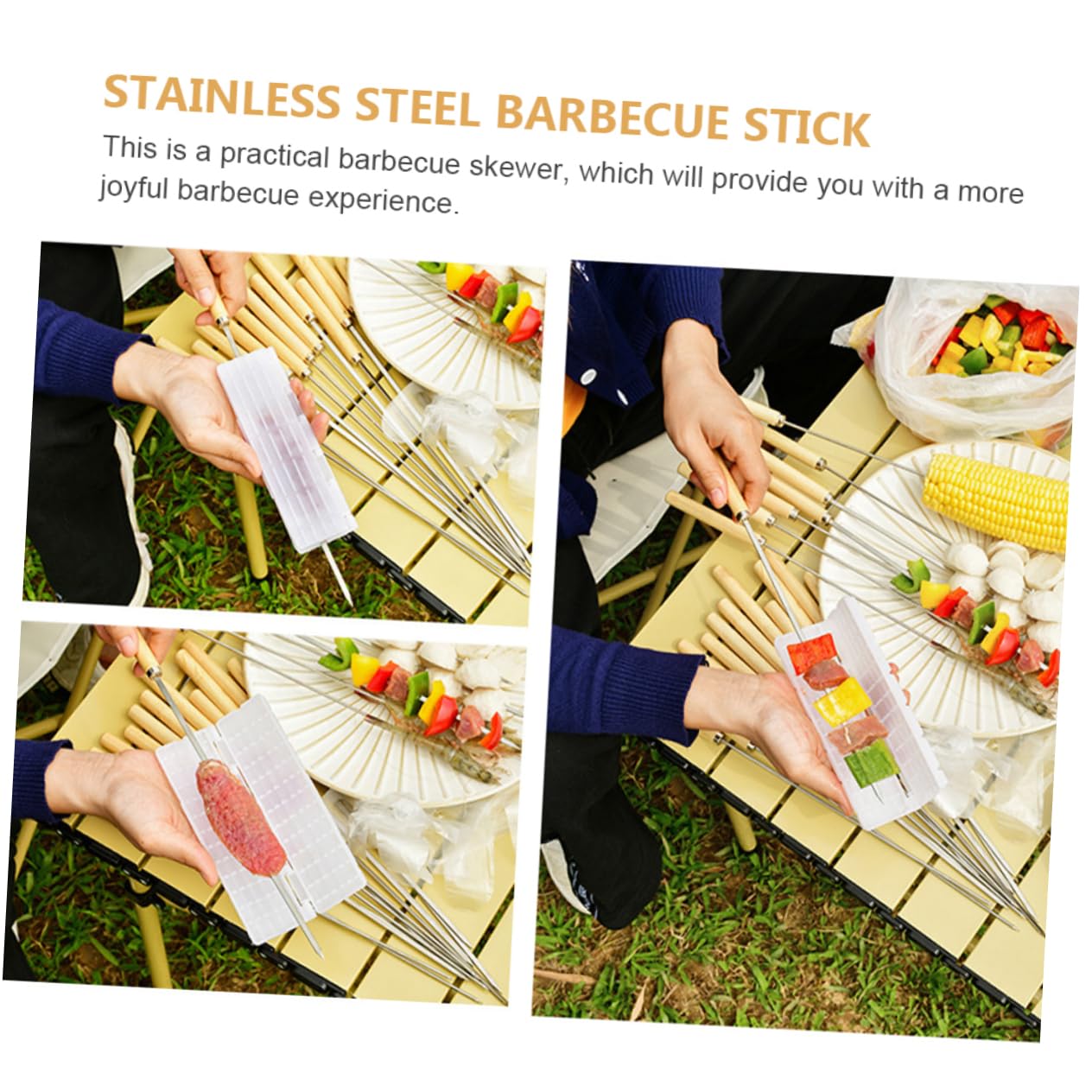 Brochetas Barbacoa De Palitos Inoxidable y Madera Duraderos y Fáciles De Limpiar