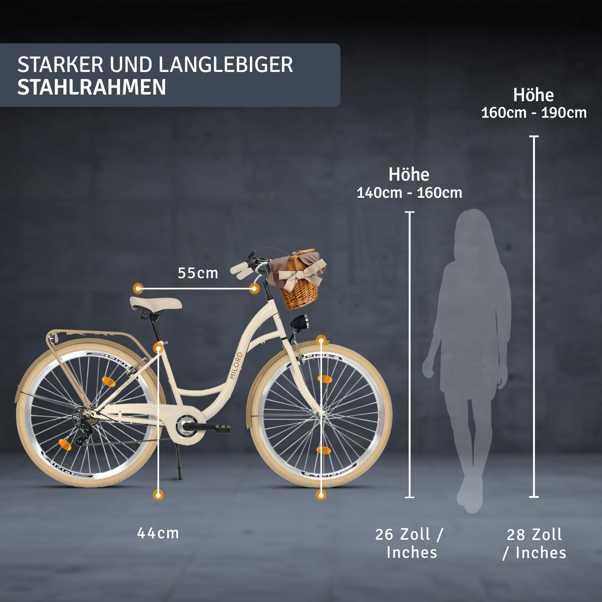 Generic Komfort Fahrrad Citybike Mit Weidenkorb Damenfahrrad Hollandrad, 28 Zoll, Creme-Braun, 7-Gang