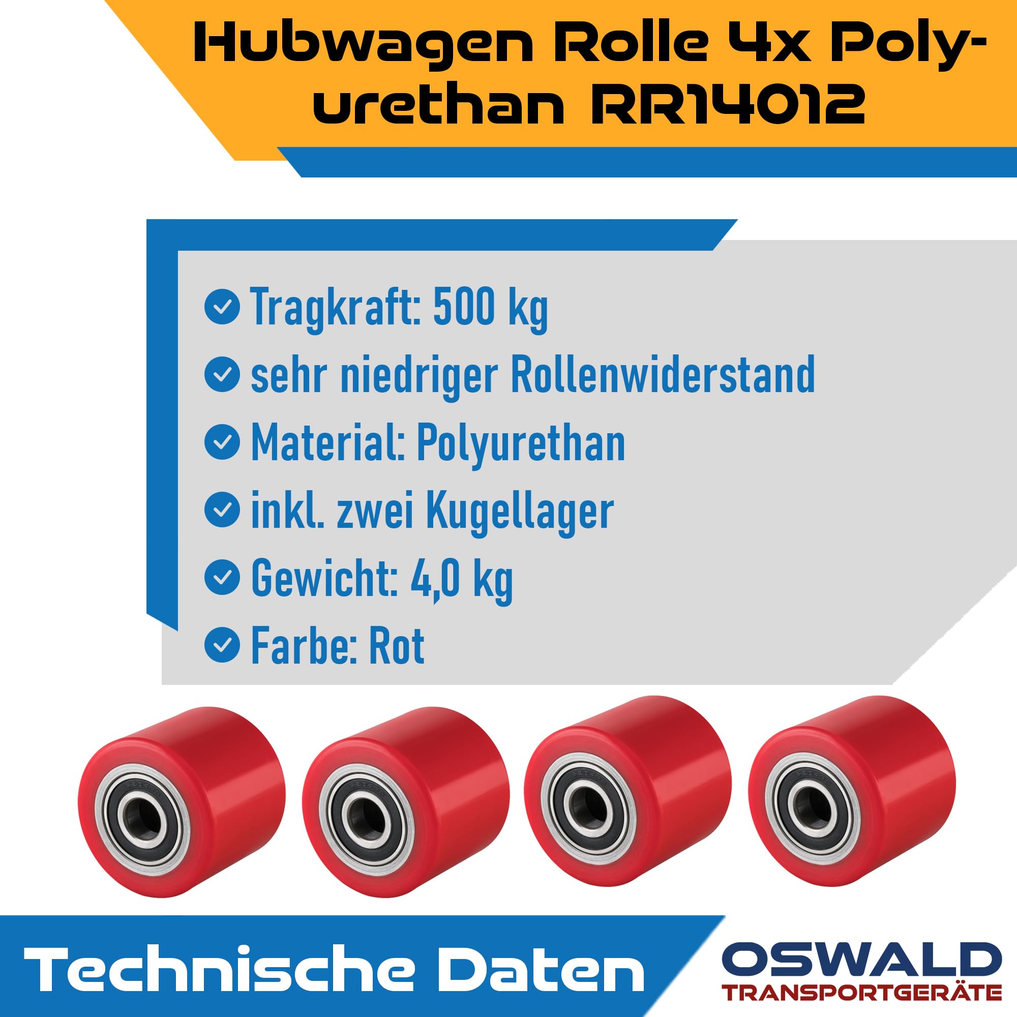 4 Stück Hubwagen Rollen Polyurethan rot 80 x 70 mm, Achse 20 mm - Ersatzrolle inkl. Kugellager