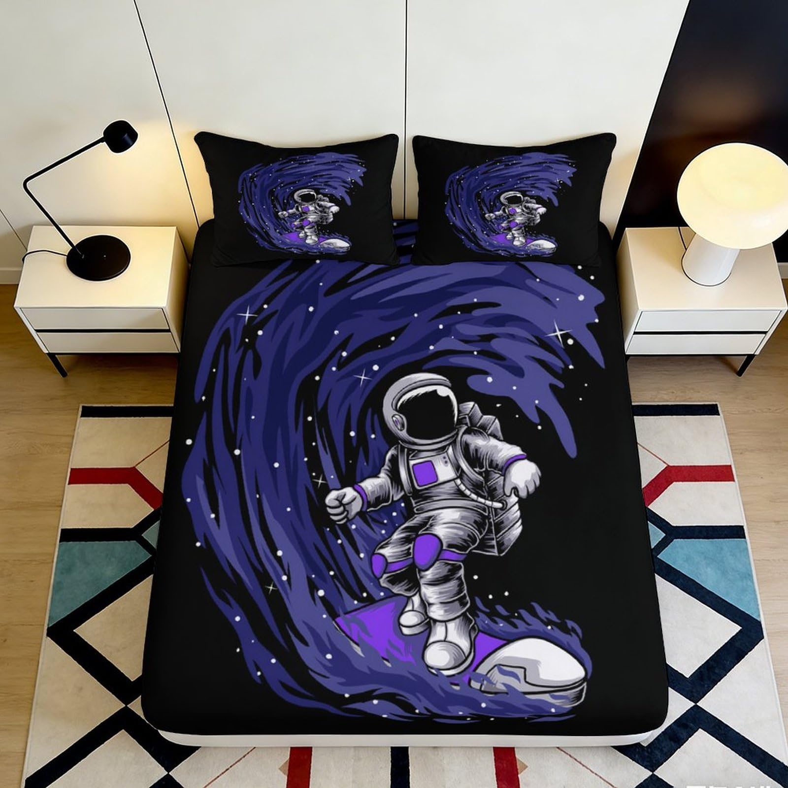 3D Printed Astronaut Space Galaxy Fitted Sheet Microfiber Anti-Slip Purple Cosmic Nebula Mattress Cover for Bedroom Dorm Decor 180x200x25cm