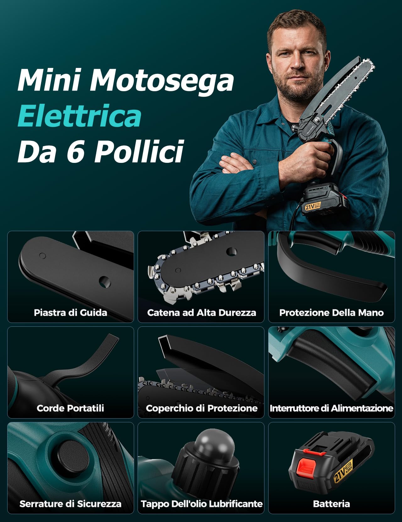 Mini motosega a catena con batteria da 6 pollici, motore senza spazzole da 550 W, 2 x 4000 mAh, con olio automatico e interruttore di sicurezza, sega a mano leggera per giardinaggio