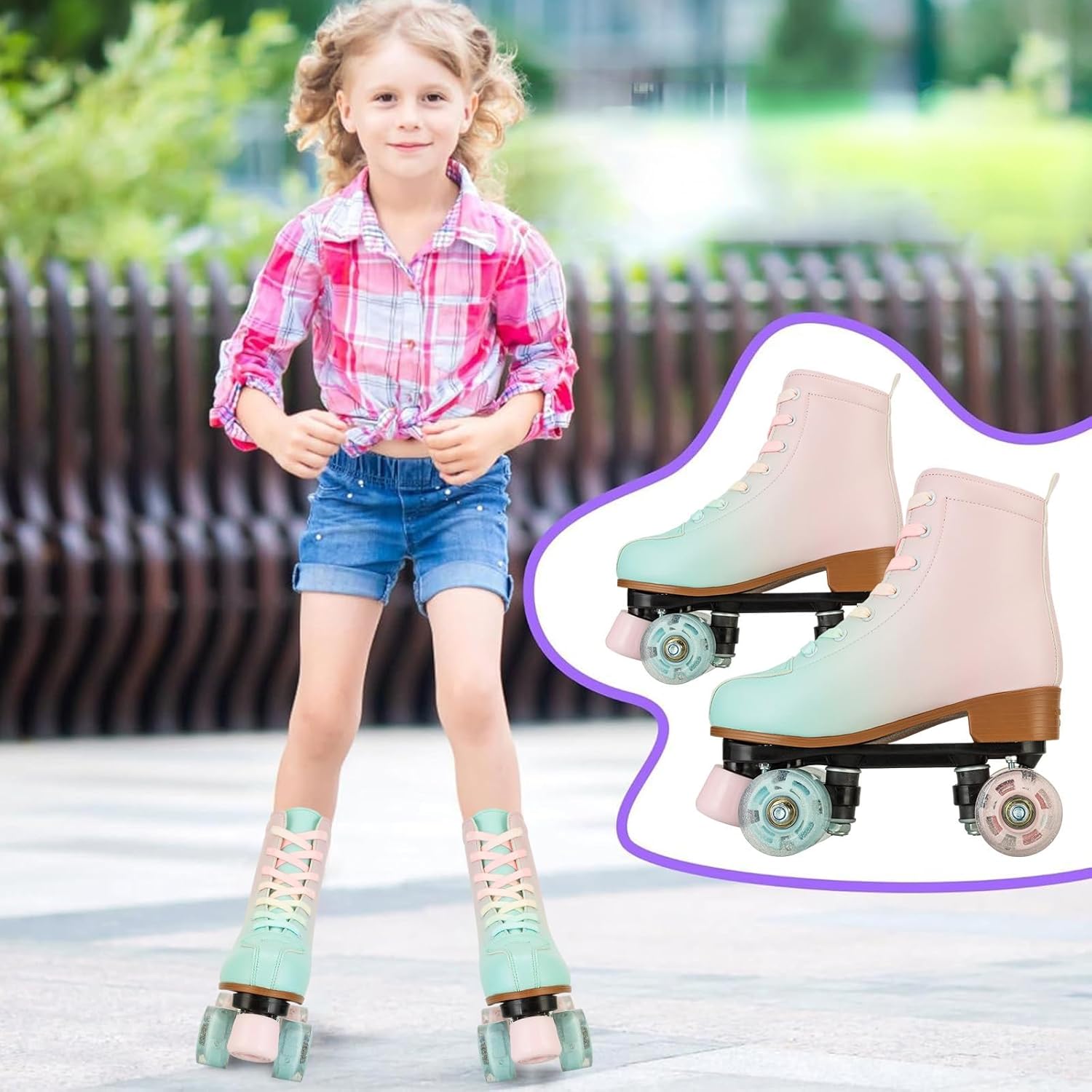 PU Leather Roller Skates for Women - High-top Adult Roller Derby Skates Wheels Light up Roller Skates Shiny Double-Row Four Wheels for Girls Boys Kid Beginner Indoor Outdoor
