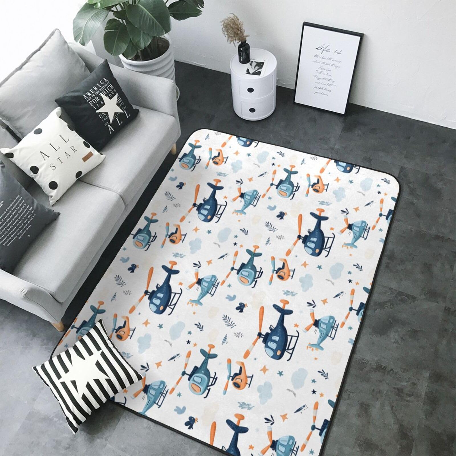 Tapis de chambre d'enfant hélicoptère pour créer un coin jeu doux et lavable