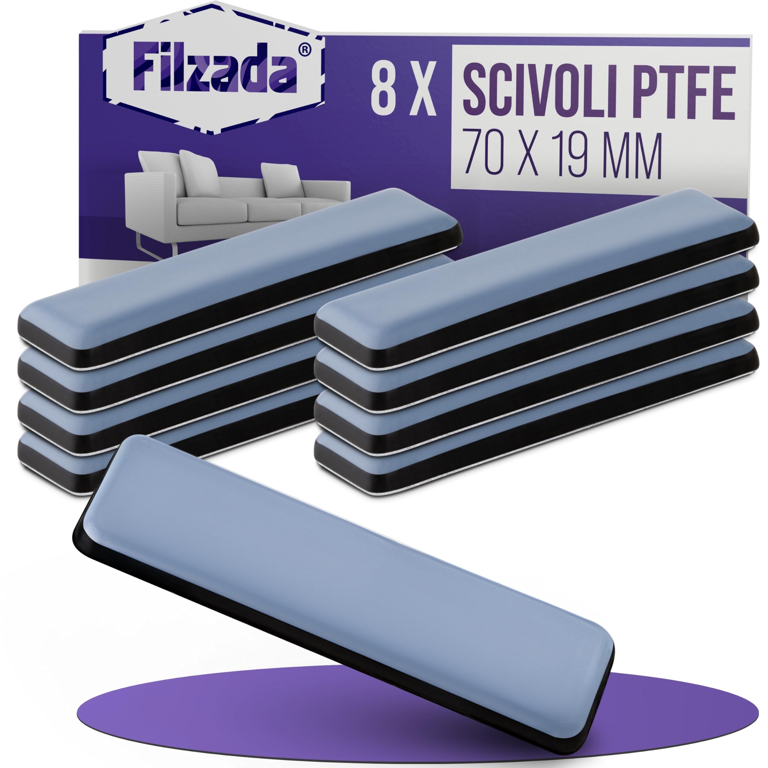 Filzada® 8x Piedini per mobili autoadesivo in Teflon - 70 x 19 mm (quadrato) - Scivoli per mobili professionali/scivoli per tappeti in PTFE (Teflon)