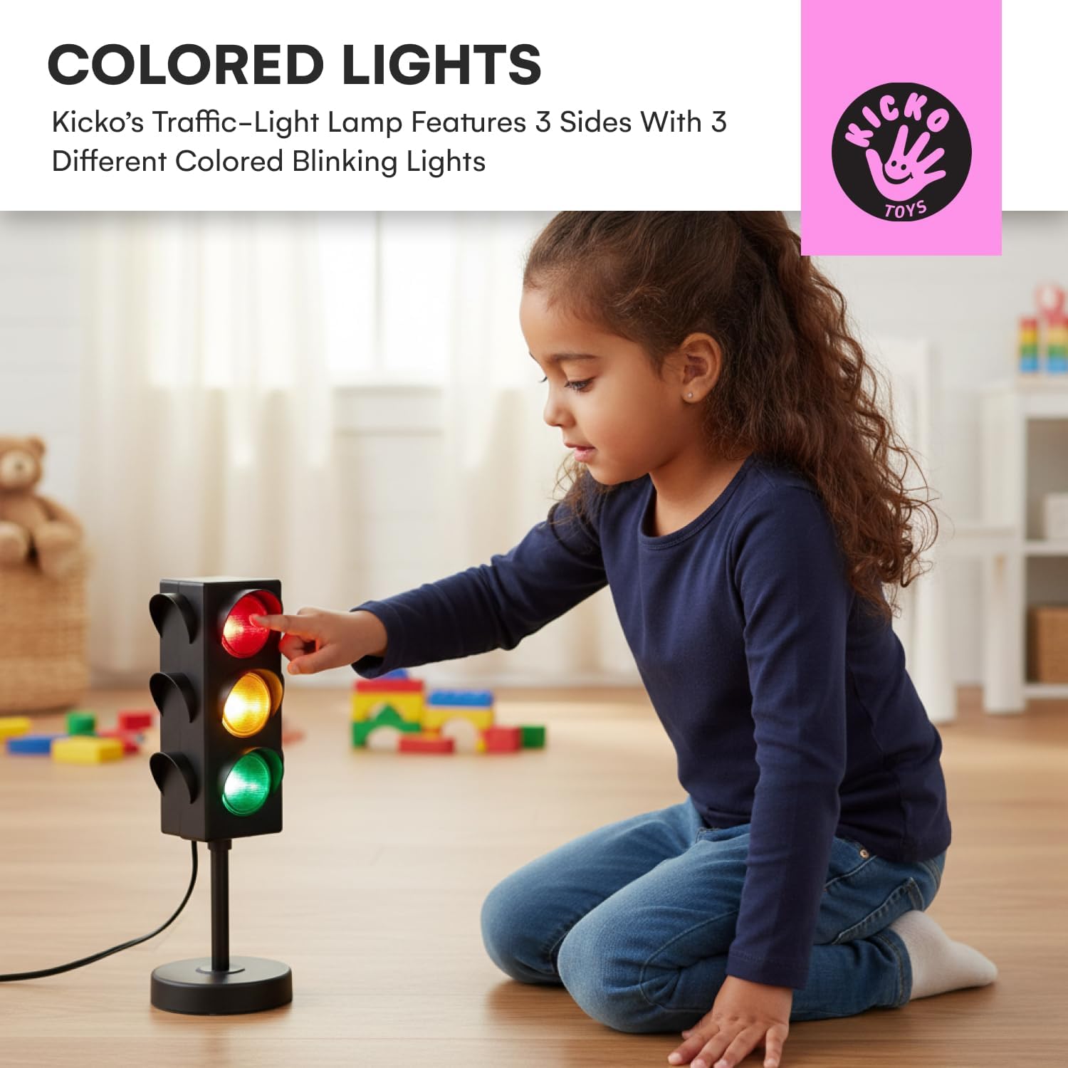Kicko 11-Inch Traffic Lights Lamp with Base - 4-Mode Color Changing Stop Light Lamp for Kids’ Bedroom, Party Decoration or Playroom - Battery or USB Powered Mini Lighting - Ideal Traffic Light Decor