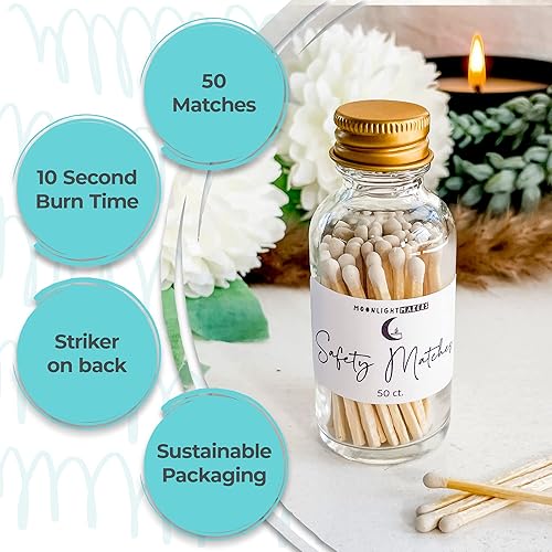 Miniatura 2 de Moonlight Makers Fancy Matches, 50 fósforos en tarro de vidrio con golpeador, accesorios de velas para decoración del hogar, fósforos de seguridad