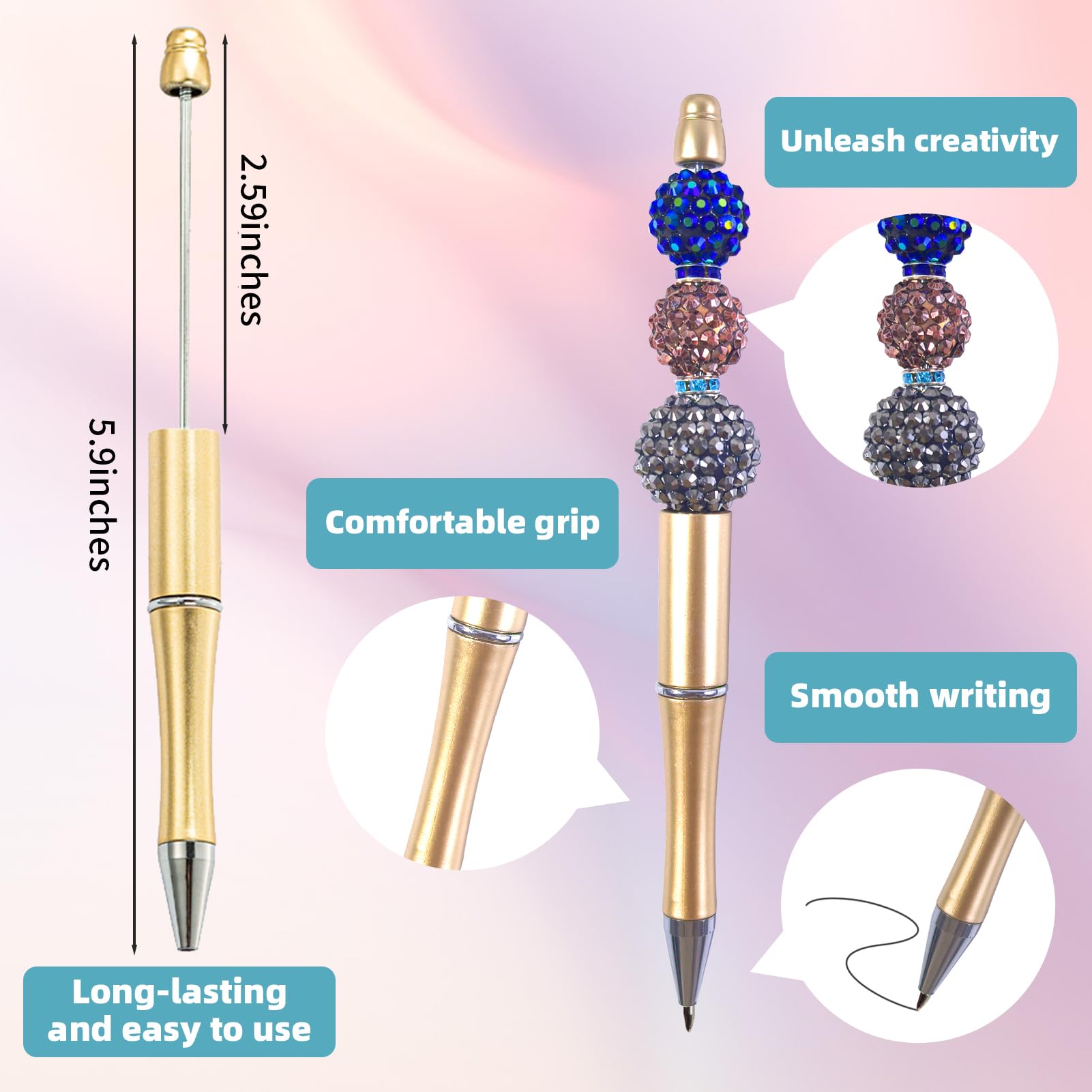 hesong 15PCS Beadable Pens Set – Compatible with Silicone Beads and Acrylic – Fun Kit for Adults – Diy Joy with Beaded Pen Kit, Making Kit Bulk – Crafts, School Supplies, Office ?Golden?