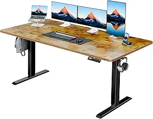 HUANUO 63" x 28" Electric Standing Desk Adjustable Height, 4 Memory Height Settings, Headphone Hook, Cable Manager, Sit Stand Up Desk for Home Office & Computer Workstation, Vintage Brown