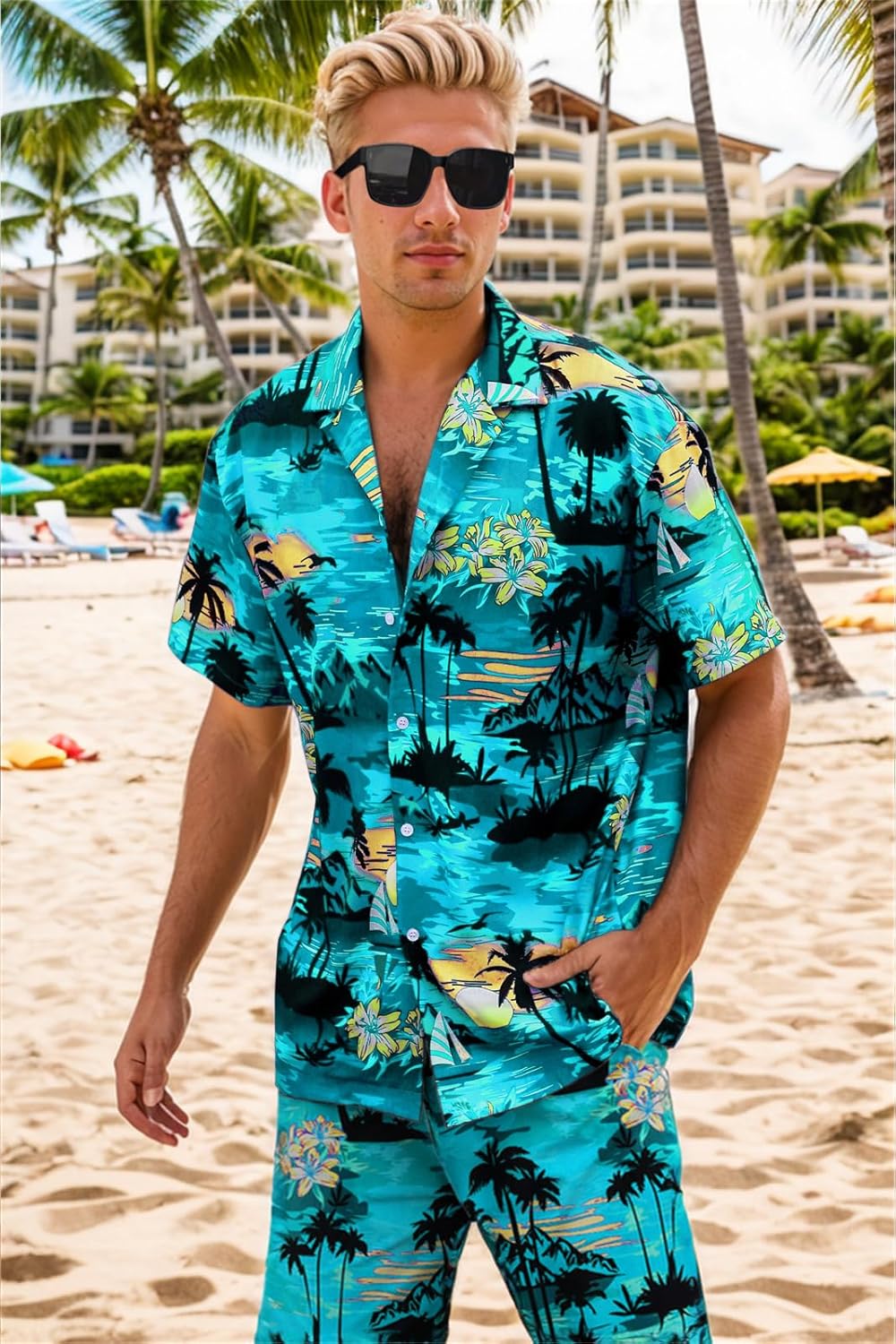 Cromoncent Boy and Men Hawaiian Outfits Short Sleeve Shirts and Shorts Hawaiian Suits Beach Tropical 2 Pcs Vacation Sets
