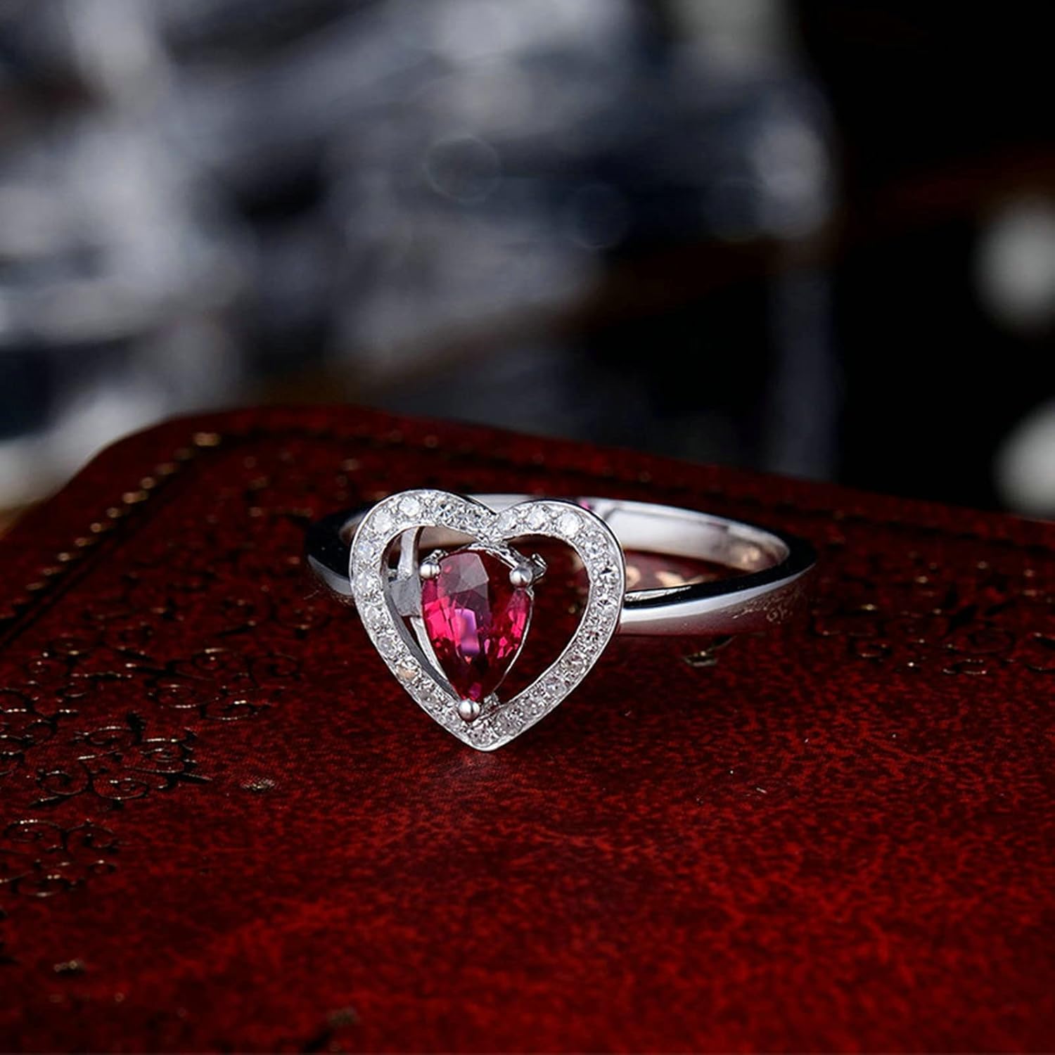 18K White Gold Ring 0.55ct Pear Shape Ruby with 0.11ct Diamond Engagement Rings for Girls