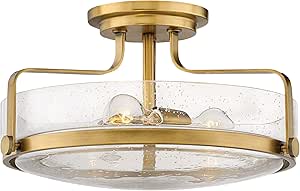 Hinkley Harper 3643HB-CS Large Semi-Flush Ceiling Light, Sleek, Retro Style, Heritage Brass and Clear Seedy Glass