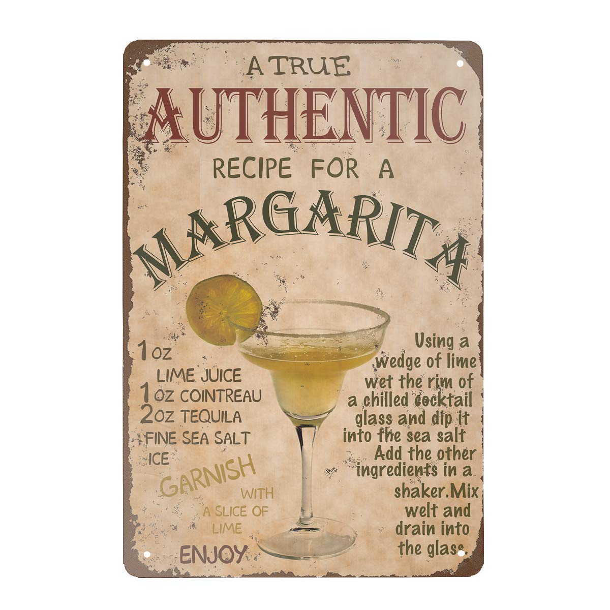Yunking Style-123 Bar Sign A True Authentic Recipe For A Margarita,Vintage Metal Sign Wall Decor For Home Kitchen Bar Coffee Shop Farm,Hang Sign 12X8 Inch