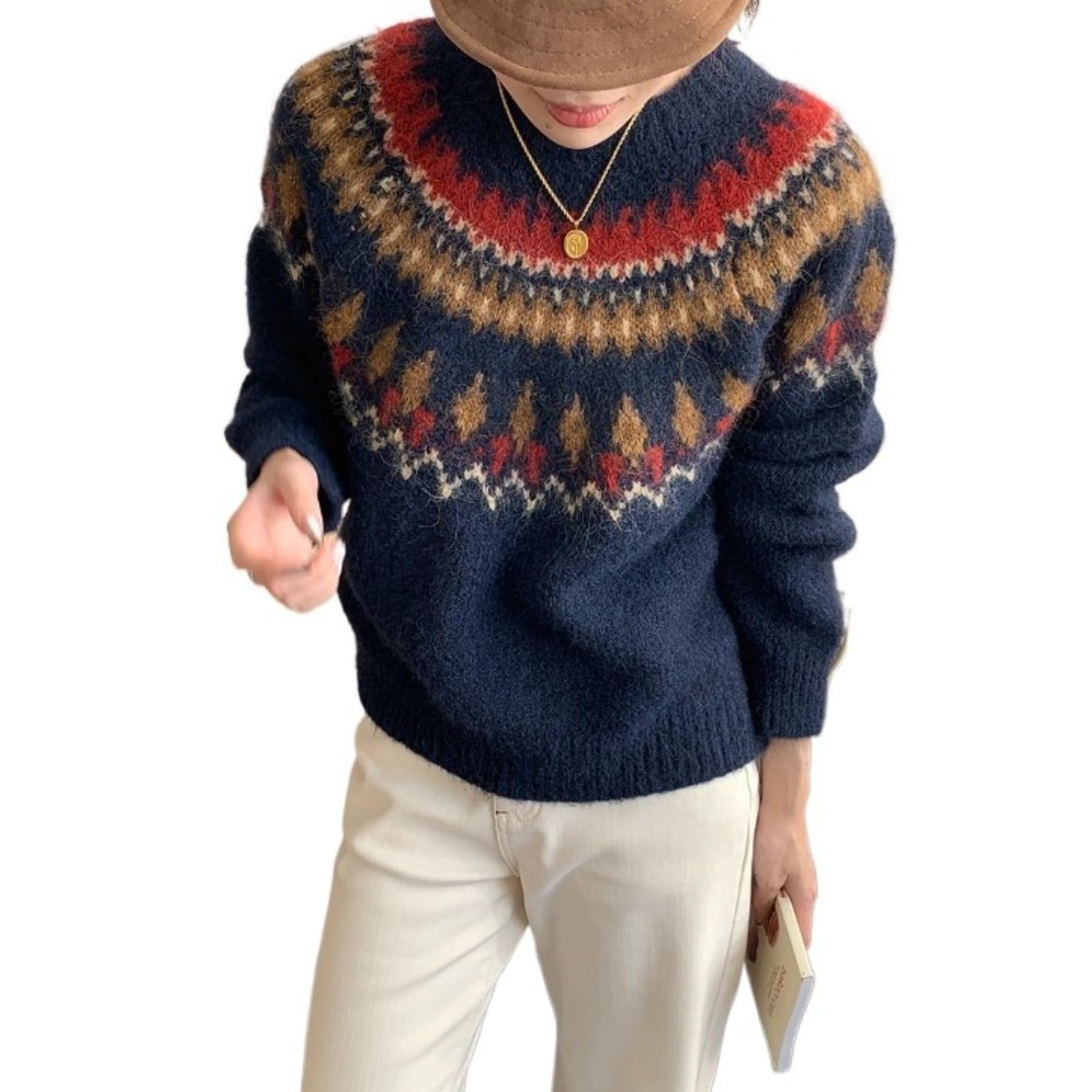 Vintage Sweater for Women Fair Isle Knit Pullover Winter Holiday Crewneck Warm Cozy Fall Fashion Grandpa Clothes