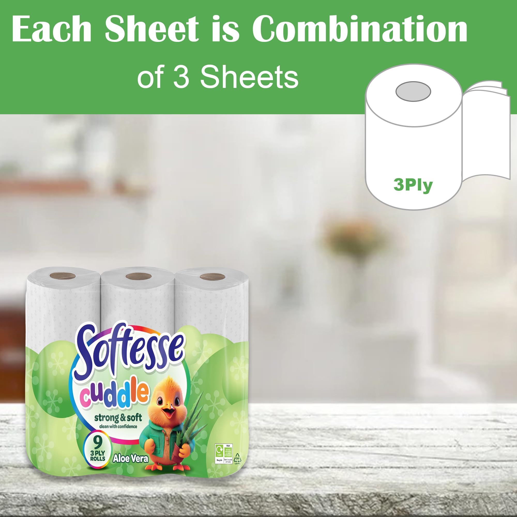 Softesse Cuddle 3-warstwowe rolki papieru toaletowego – miękki, pikowany, wytłaczany papier loo w cytrynie, o zapachu aloesu i bezzapachowej chusteczki toaletowej, dla higieny i komfortu