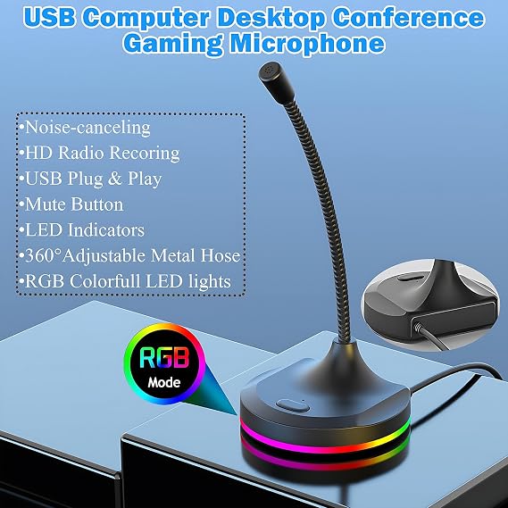 USB Computer Microphone with Mute Button and RGB Lighting,Plug&Play Mic for Conference,Gaming,YouTube,Desktop PC Mic for Mac/Window-Black-Black(M7)