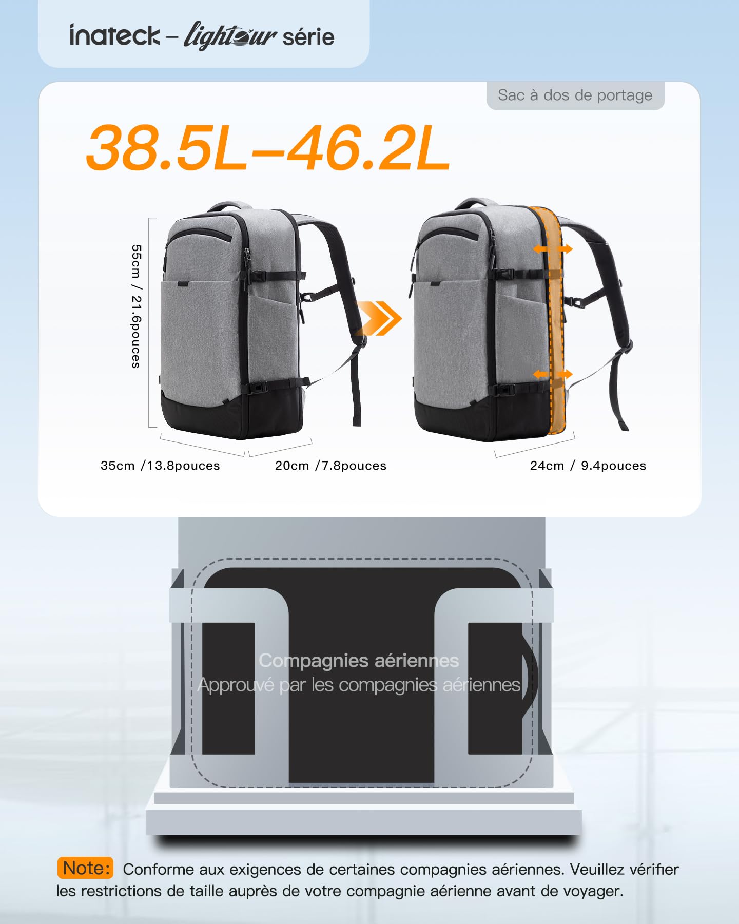 Inateck 38.5-46.2 L Sac à Dos de Voyage Extensible pour Homme et Femme pour Ordinateur Portable 17,3" et iPad 12,9" pour Weekender