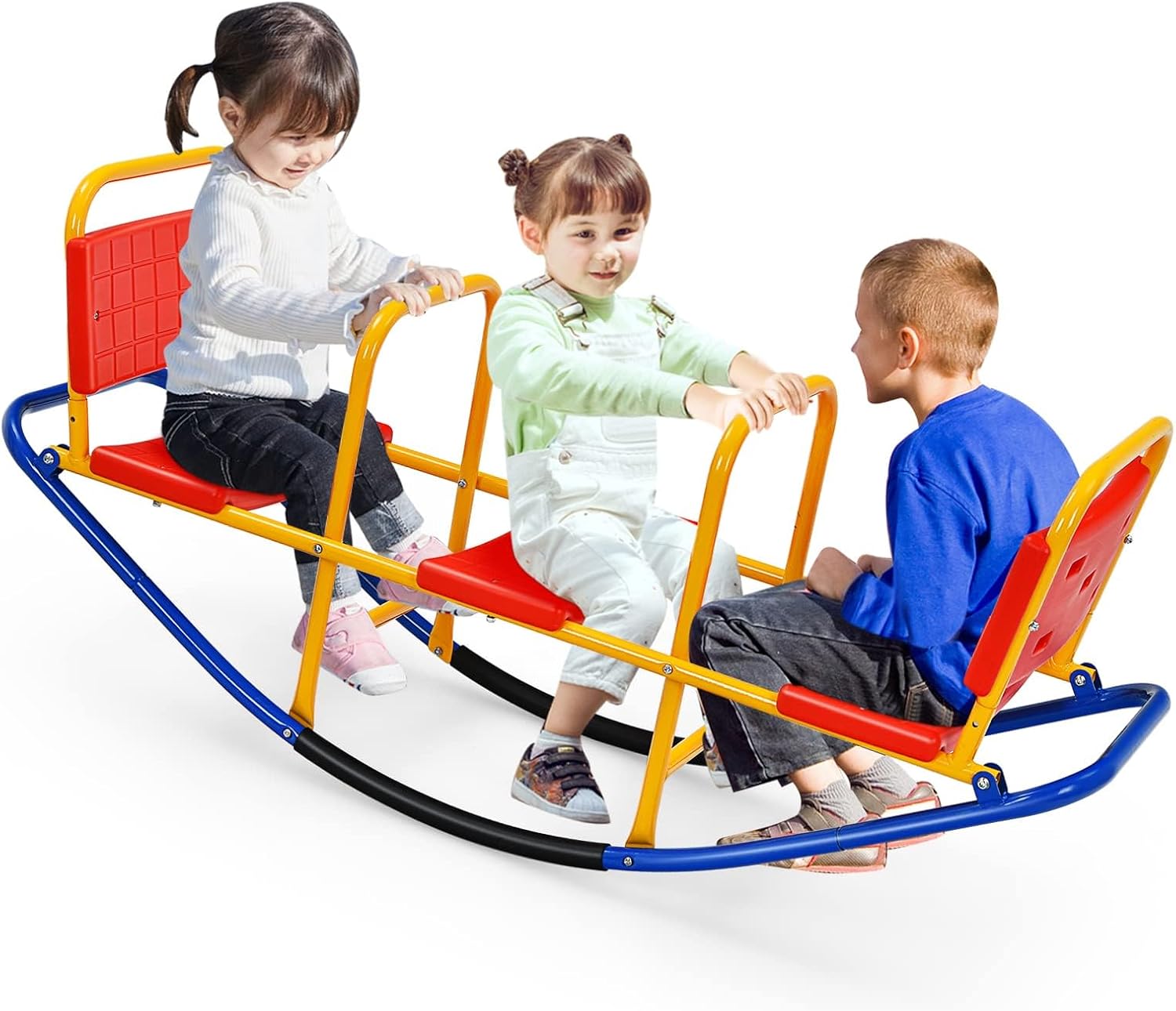 Costzon 2-in-1 Kids Teeter Totter Seesaw - Metal Rocking Seesaw for Toddlers Ages 2-5, 3-Seat Indoor Outdoor Rocker Toy