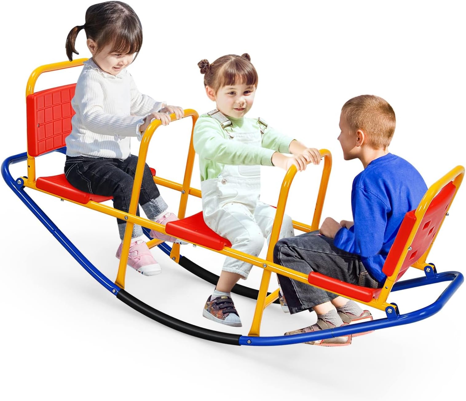 Costzon Teeter Totter Seesaw for Kids Outdoor, 2 in 1 Metal Rocking Seesaw for Toddlers with Easy-Grip Handles, Indoor Outdoor Rocker Toy Gifts for Ages 2-5, 1-3 Person Home Preschool Backyard See Saw