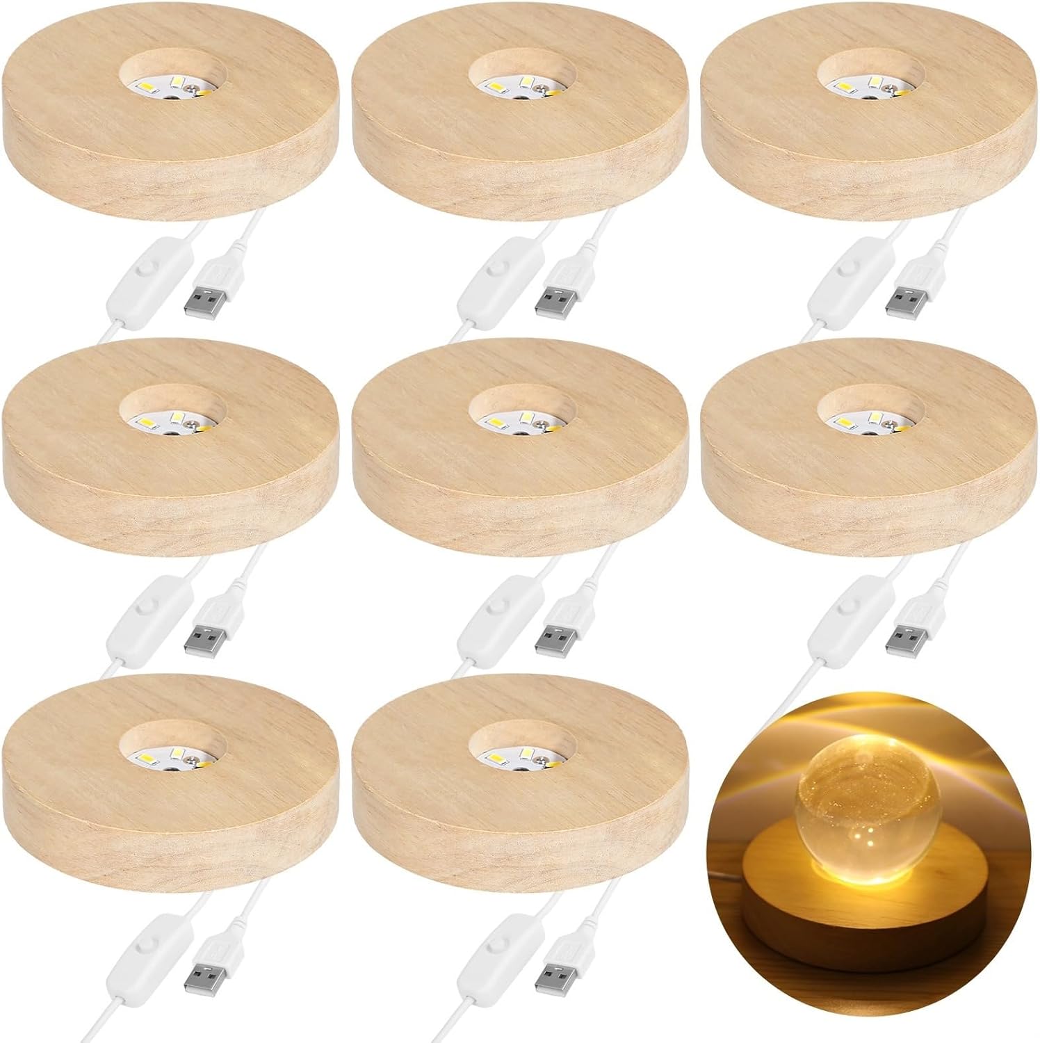 Display Stand for Art Glass, Crafts, Home Decor, 3 Lighting Modes, 8 Pcs Wooden Led Light Bases, 0.8 Inch Height, 3.9 Inch Diameter, U Powered