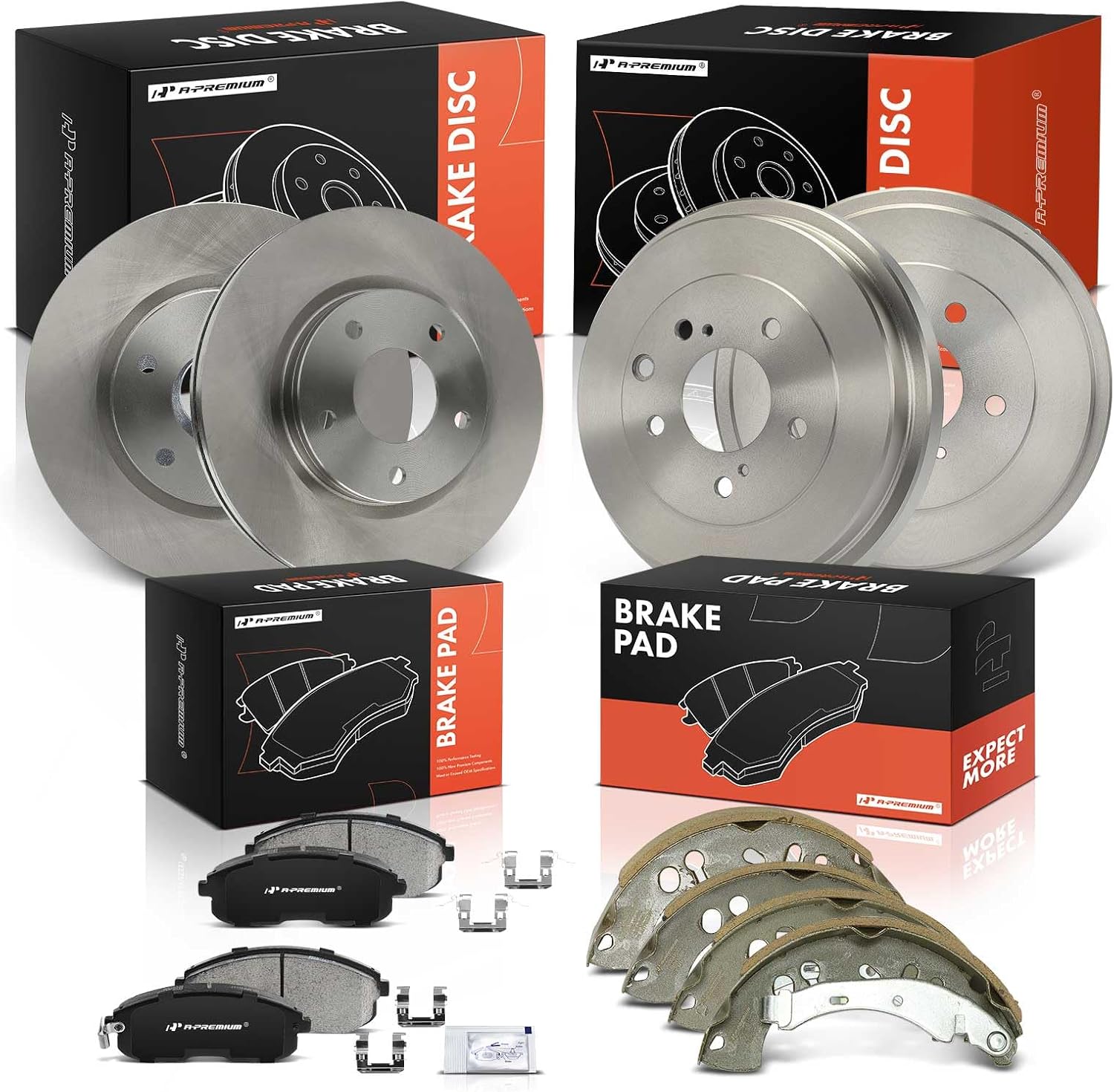A-Premium Front Disc Brake Rotors Ceramic Brakes Pads + Rear Brake Drums Brake Shoes Compatible with Select Nissan Models - Sentra 2013 2014 2015 2016 2017, 12 Pcs