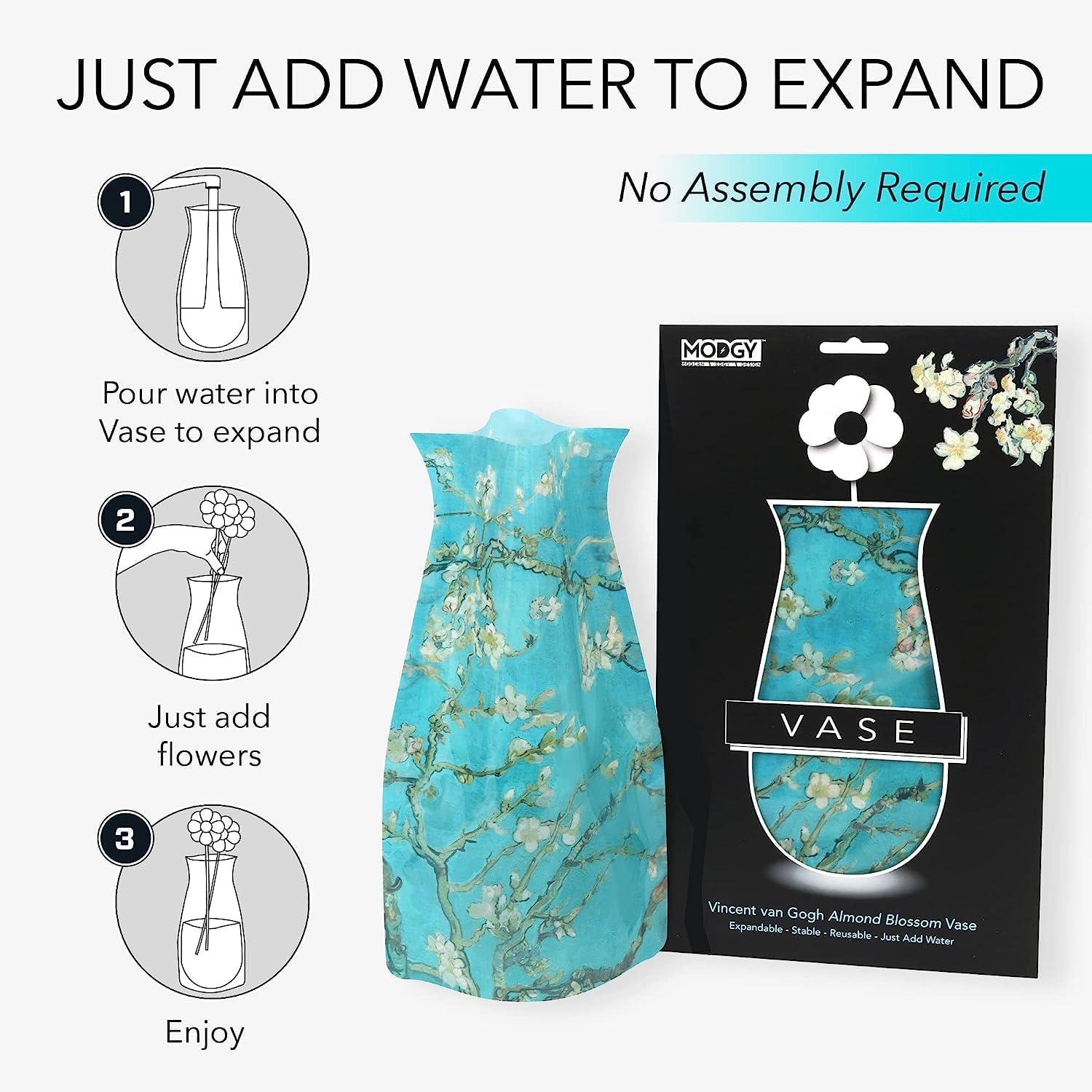 MODGY Expandable Flower Vase, Plastic Decorative Modern Foldable Printed Vases for Centerpieces for Wedding, Dining Table, Home Decor, Living Room, Bathroom, Almond Blossom, Vincent Van Gogh, 4 Pack