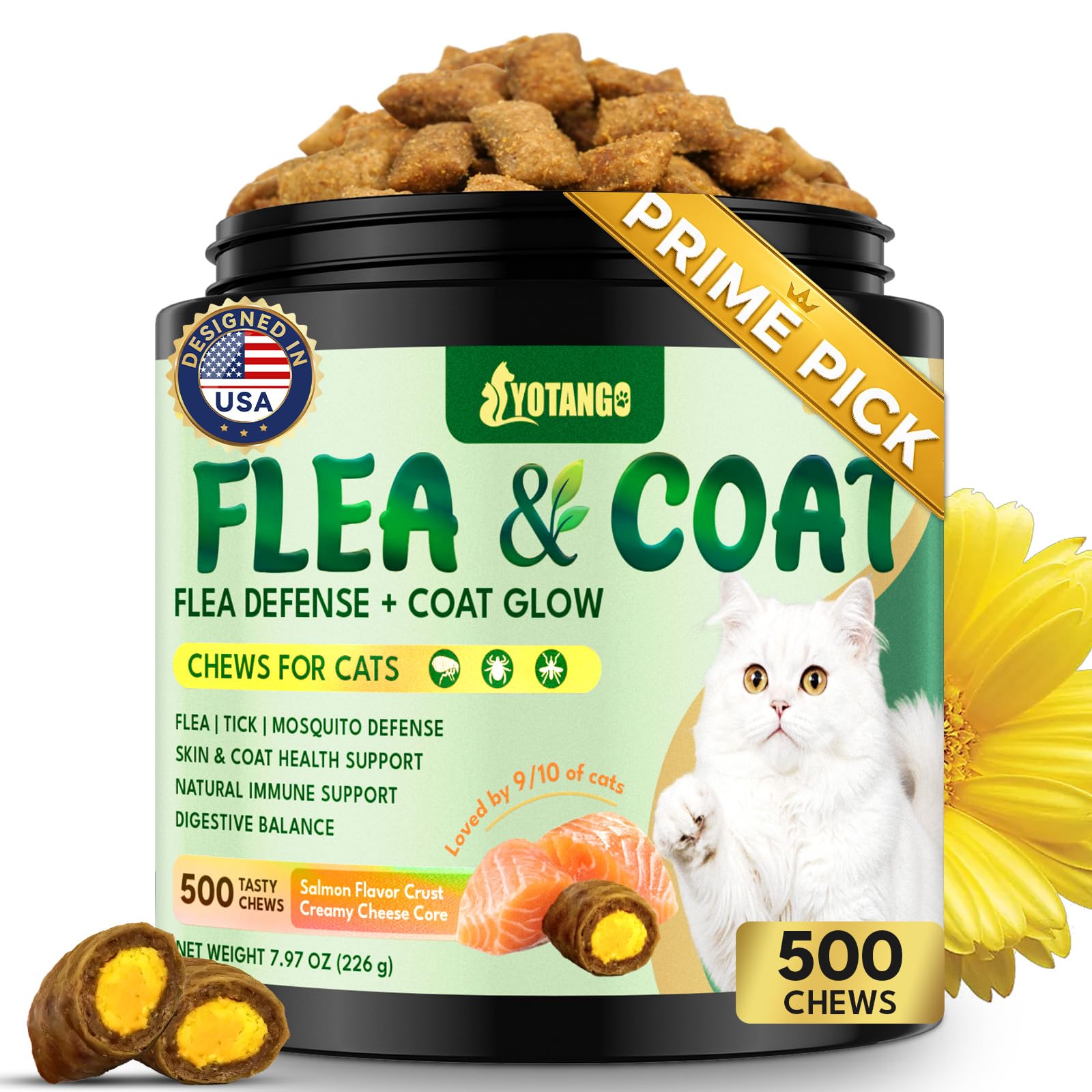 YOTANGO Cat Flea Chews Crunchy & Creamy Chewables, 500 Chews Natural Flea and Tick Support for Cats + Skin and Coat Support, Daily Chewables for Cats and Kittens (Salmon Flavor)