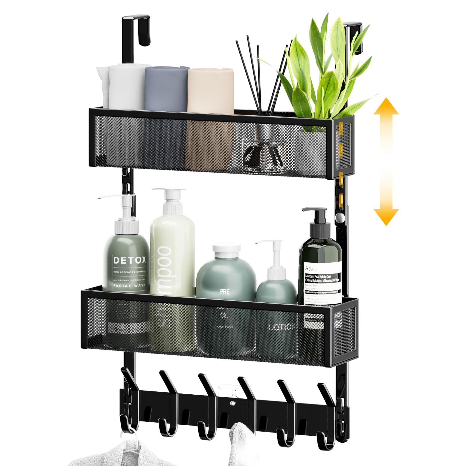 LUCYCAZ Adjustable Over Door Hanger Hooks, Door Hanger Storage with 10 Coat Hooks & 2 Mesh Basket, Over The Door Hooks Towel Rack Door Organizer for Bathroom,Bedroom,Kitchen (Black)