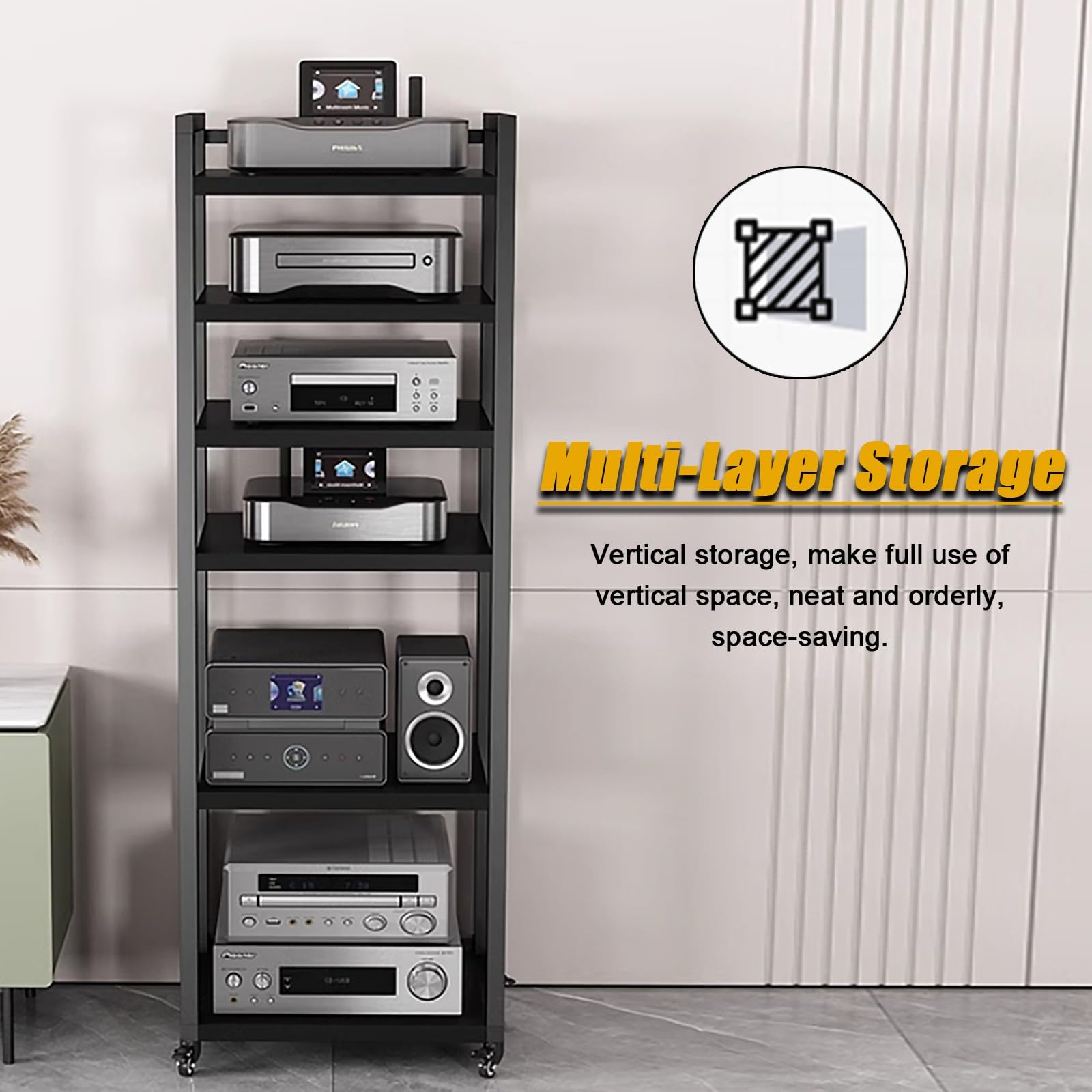 6-poziomowy stojak na nośniki toczne z kółkami, regulowana szafka na komponenty audio/wideo, wytrzymały stojak stereo, do domu, biura, 60 cm szerokości, półka na konsolę do gier (czarny)
