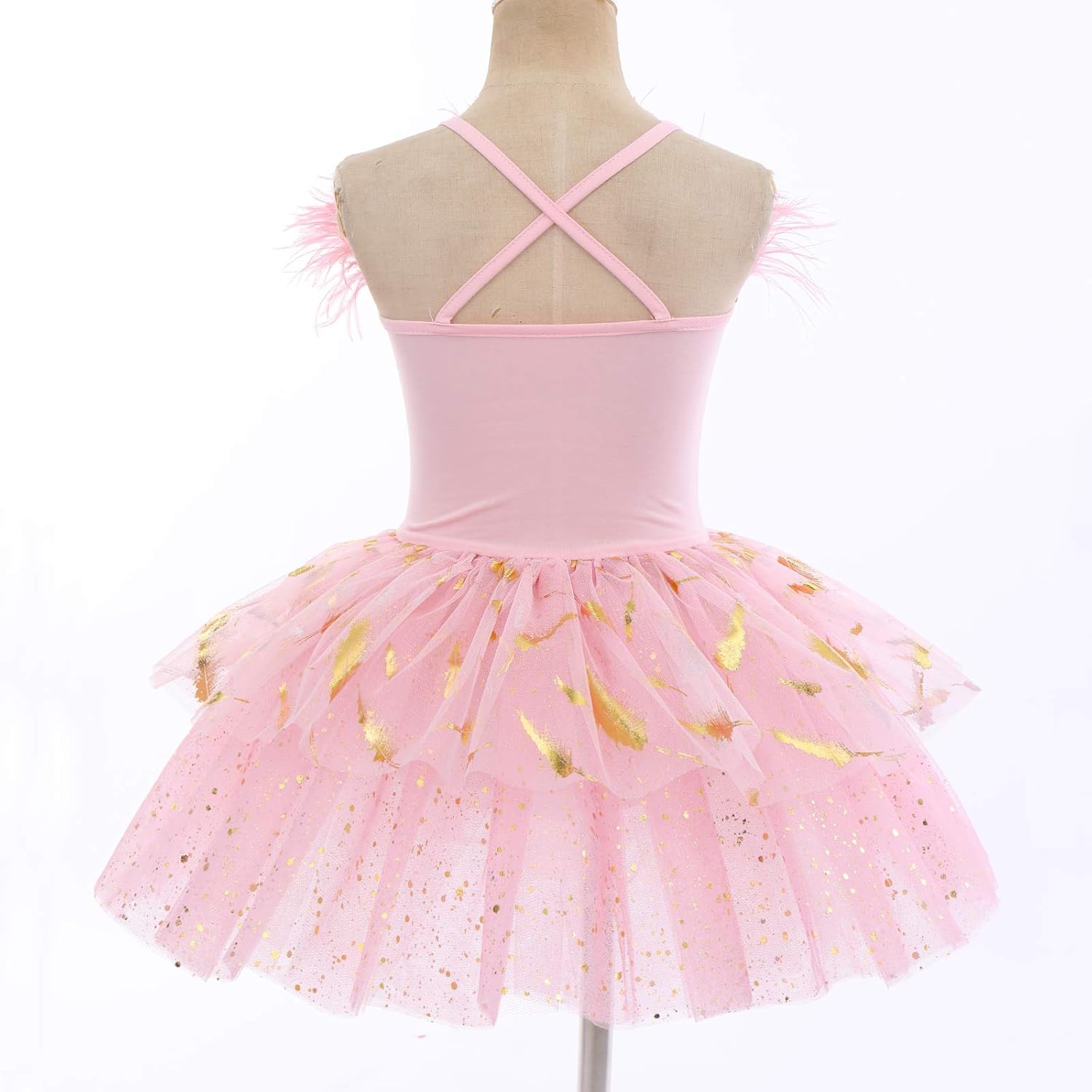 IDOPIP Kid Girls Feather Swan Ballet Tutu Dress Sequin Camisole Skirted Leotard Ballerina Dancewear Performance Dance Costume