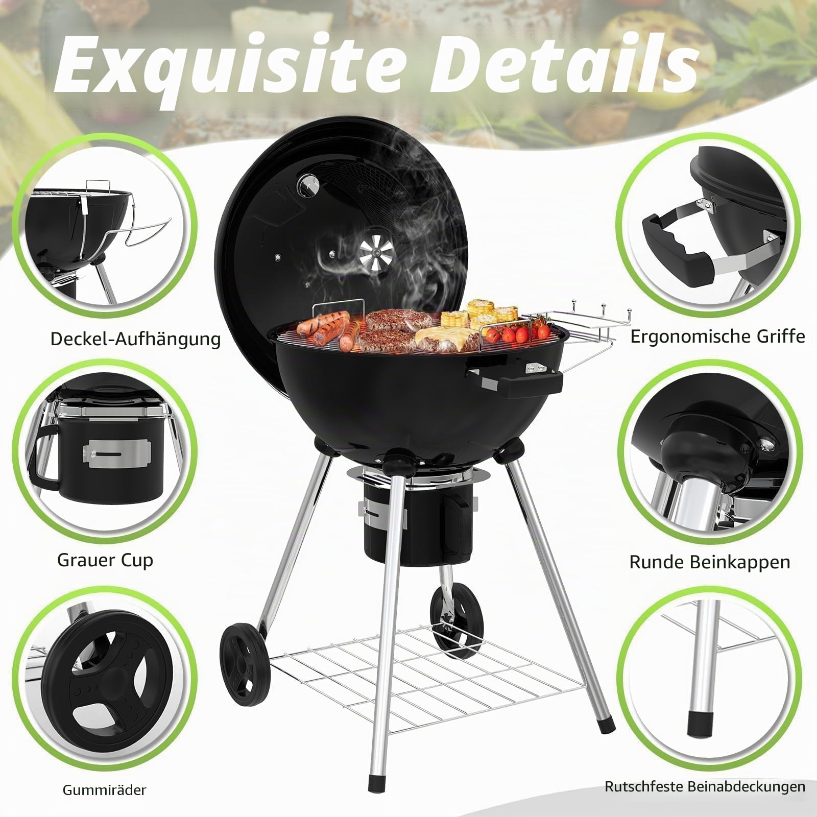 TEENO Holzkohlegrill mit Deckel, XXL Rundgrill, Aschekasten, Regulierbares Lüftungsloch, Kugelgrill, 83 cm x 71 cm x 105,5 cm – Ideal für Garten, Terrasse & Outdoor-Grillen