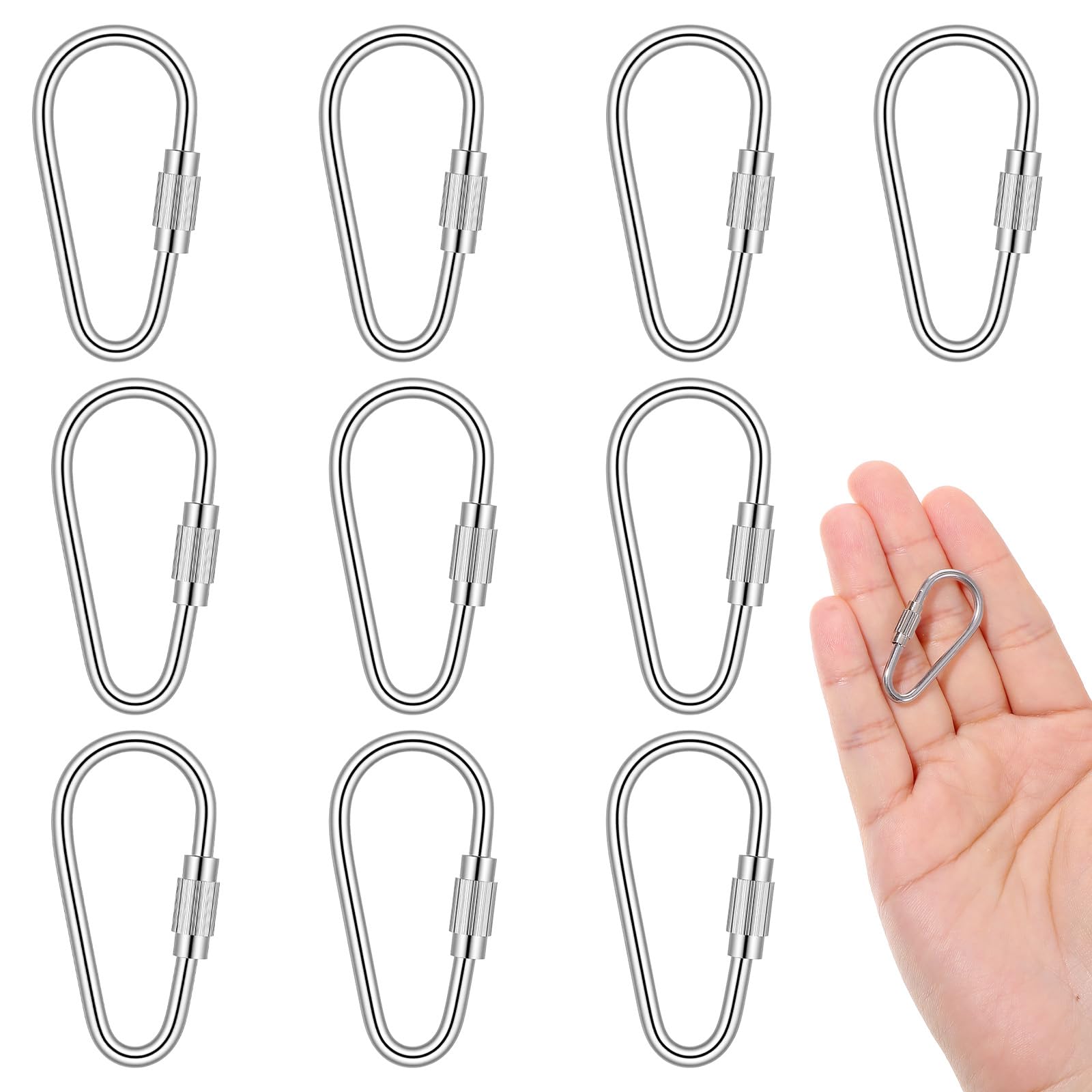 10 Pieces Small Locking Carabiner Stainless Steel Screw Lock Carabiner Clips Spring Snap Key Ring Repair Lock Hooks for Keychain Outdoor Camping Small Animal Parrot Hanging Toys (Silver)-image-22