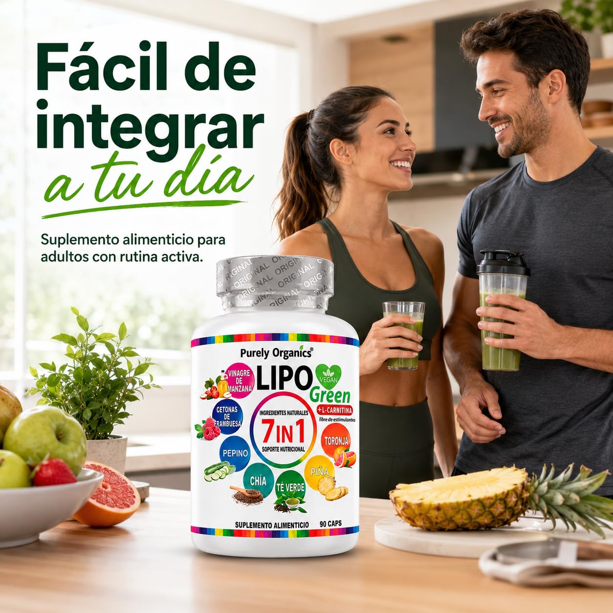 capsulas de vinagre de manzana con l carnitina Lipo Green 7-in-1 con L-Carnitina, Vinagre de Manzana, Cetonas de  Frambuesa, Té Verde, Chía, Piña, Pepino y Toronja | Apoyo al Metabolismo |  Sin Estimulantes