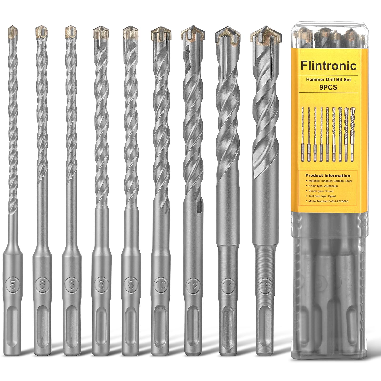 Flintronic® Brocas SDS Plus Hormigon, Brocas para Martillo, Brocas Cruzadas Hormigon Broca de Impacto para Hormigón, Cerámica (#1 varias piezas, #C 9PCS, 5/6/6/8/8/10/12/14/16mm)
