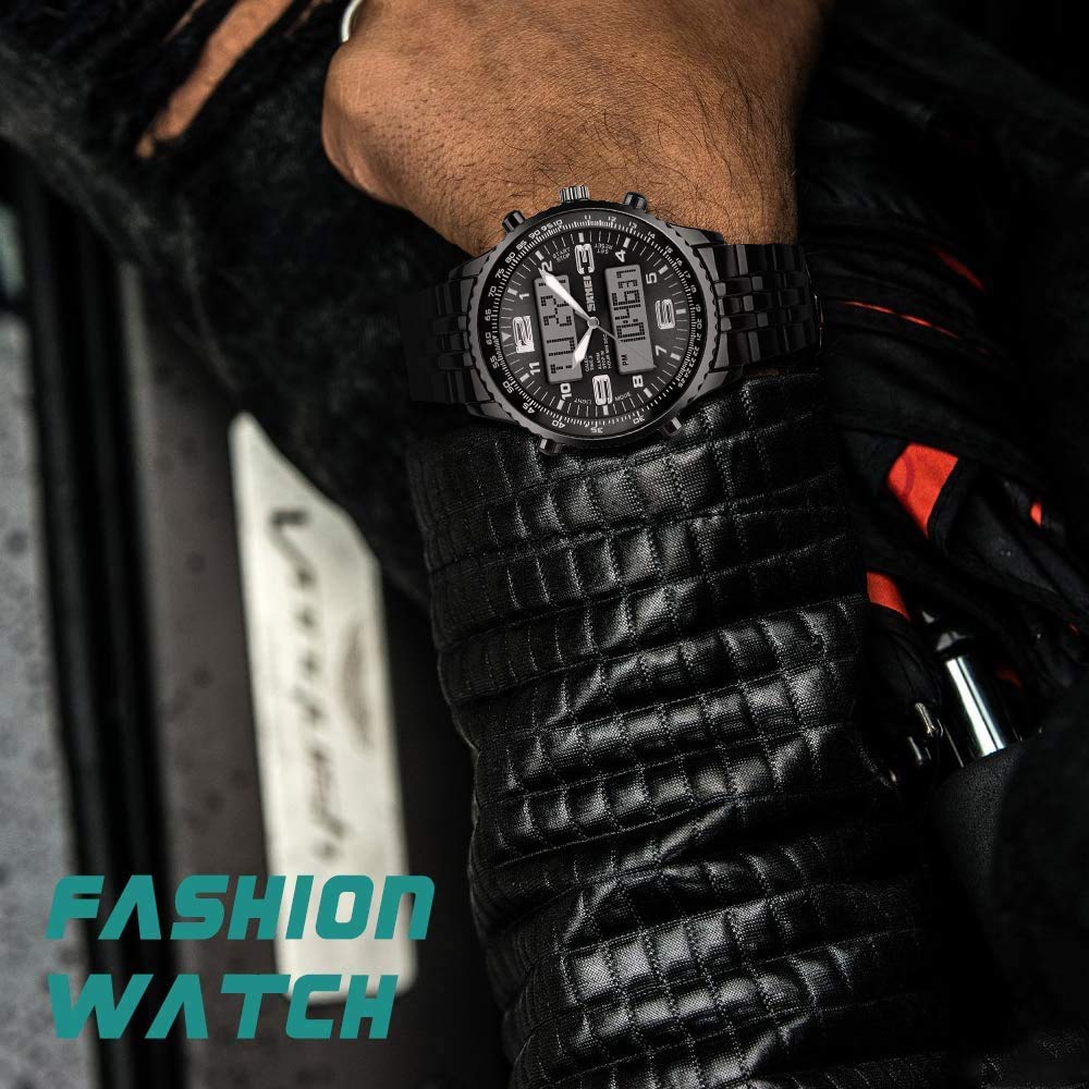 MASTOP Reloj de pulsera para hombre, digital, deportivo, resistente al agua, con cronógrafo de doble hora, alarma, retroiluminación, acero inoxidable, relojes de negocios para hombre