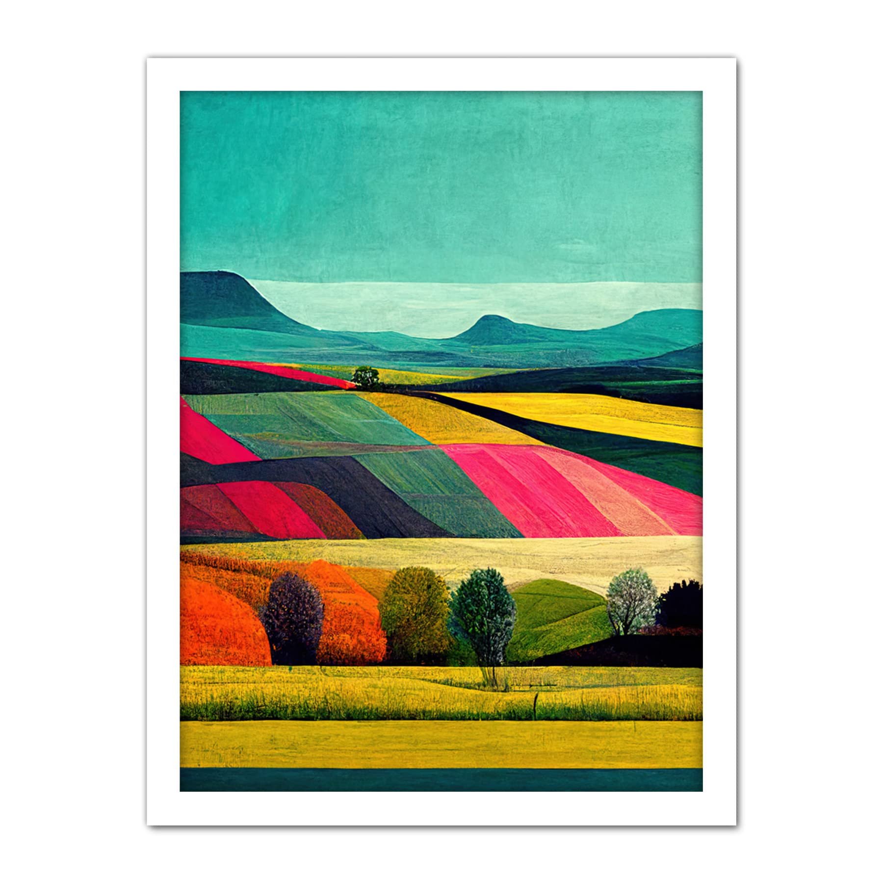 Wee Blue Coo Colourful Bright Countryside Fields Landscape Painting Artwork Framed Wall Art Print 18X24 Inch