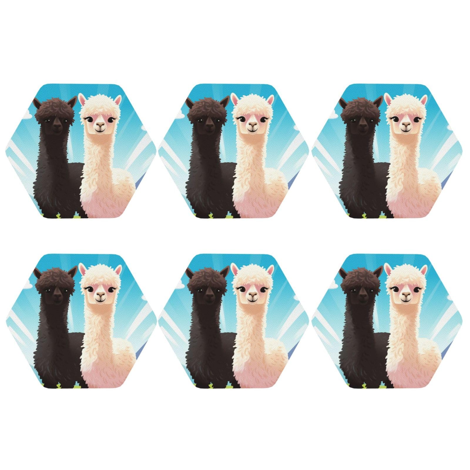 6pcs Leather Coasters for Drinks, Alpaca Drink Coasters for Tabletop Protection, 4" Cup Coasters for Coffee Table Decor, Non-Slip Drinking Cup Mat for Hot Or Cold Drink