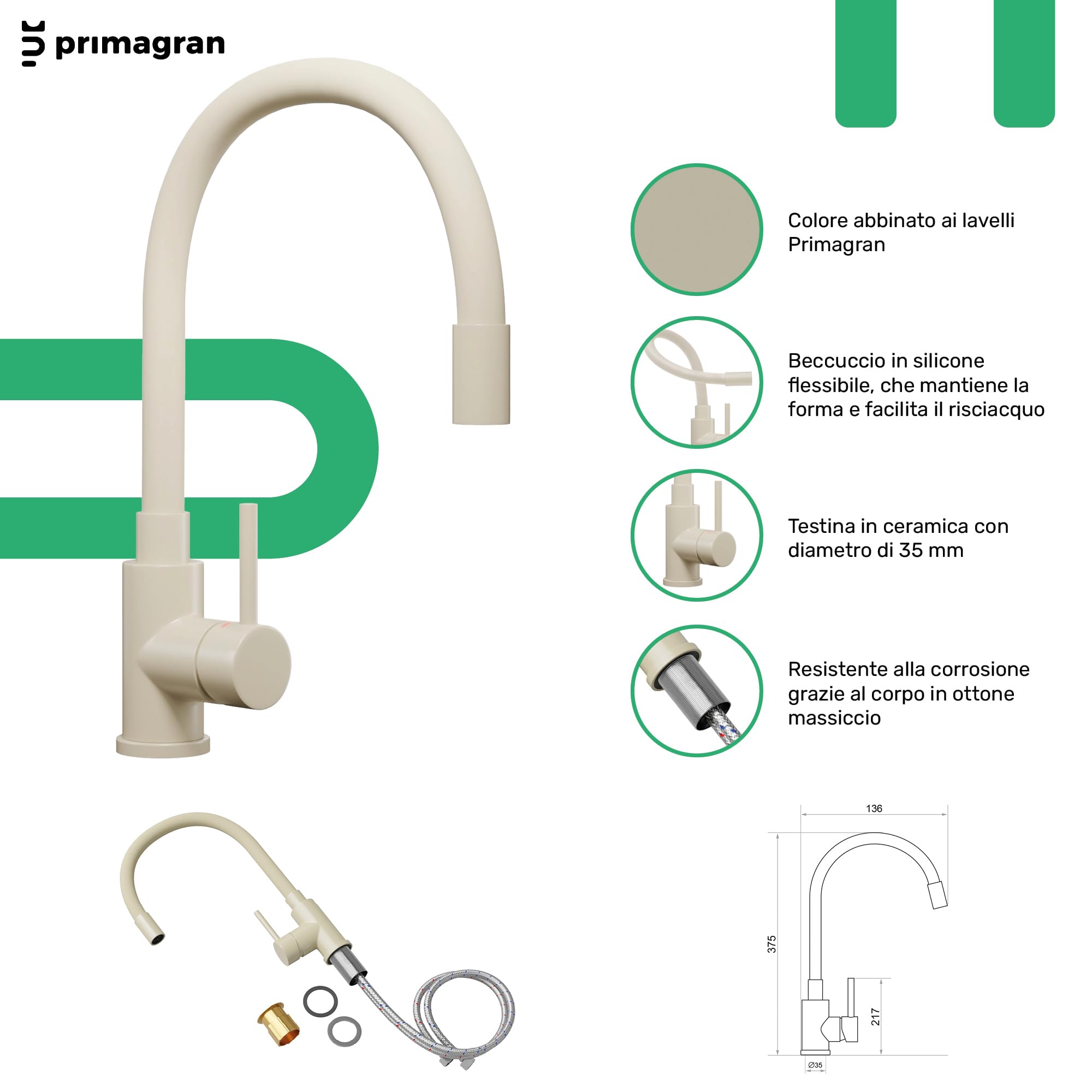 PRIMAGRAN Lavandino da Cucina Beige 78x50cm, Lavello in Granito a 1 vasca + Rubinetto 38x14cm + Set di accessori, Lavabo da Cucina Incasso al Mobile 50cm - Copenhagen Top S503