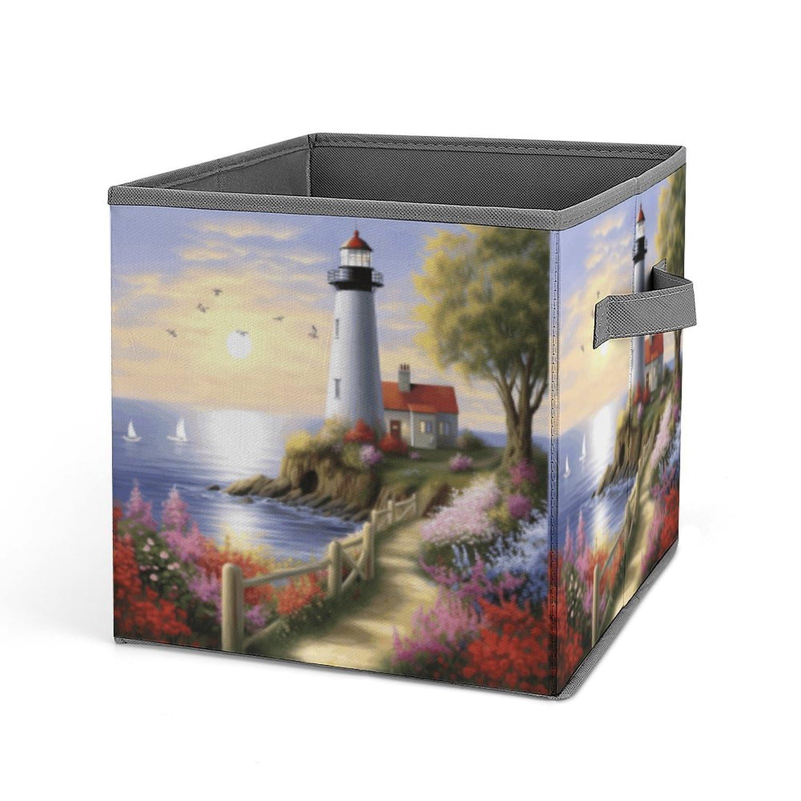 Lighthouse Diamond Painting Storage Baskets Collapsible, Exquisite Pattern Cube Box, Canvas Fabric Storage Bins with Handles, Clothe Organizer Box for Home Decorative Office Bedroom