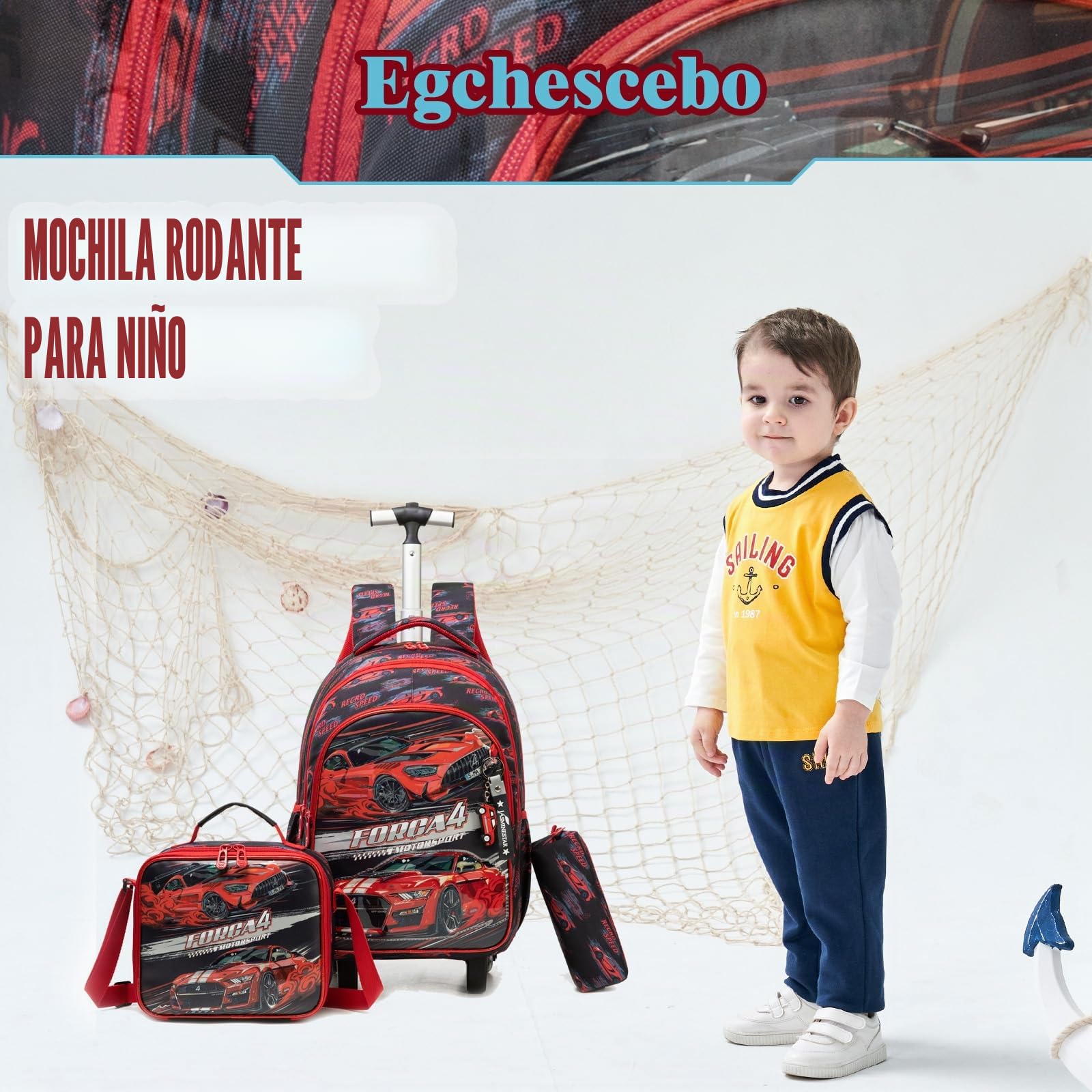 Mochilas Escolares con Coches Ruedas Carro Niño 17" 3PCS Mochila Carrito para Trolley Escolar Bolso de Viaje Estuche Stitch Chicos Maleta Colegio Grande Medianas Infantil Niños Rojo