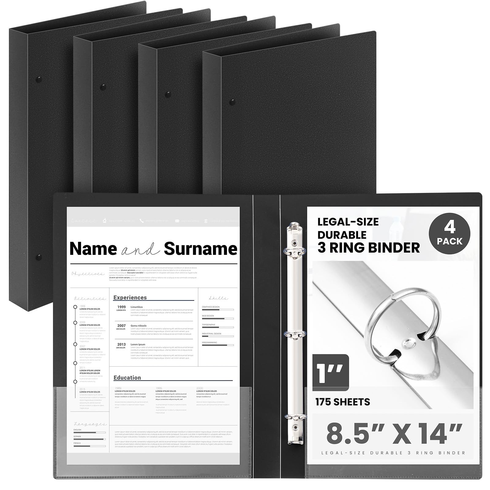 Henoyso 4 Pcs 8.5" x 14" Legal Size Binder, 3 Ring, 1 Inch, Black